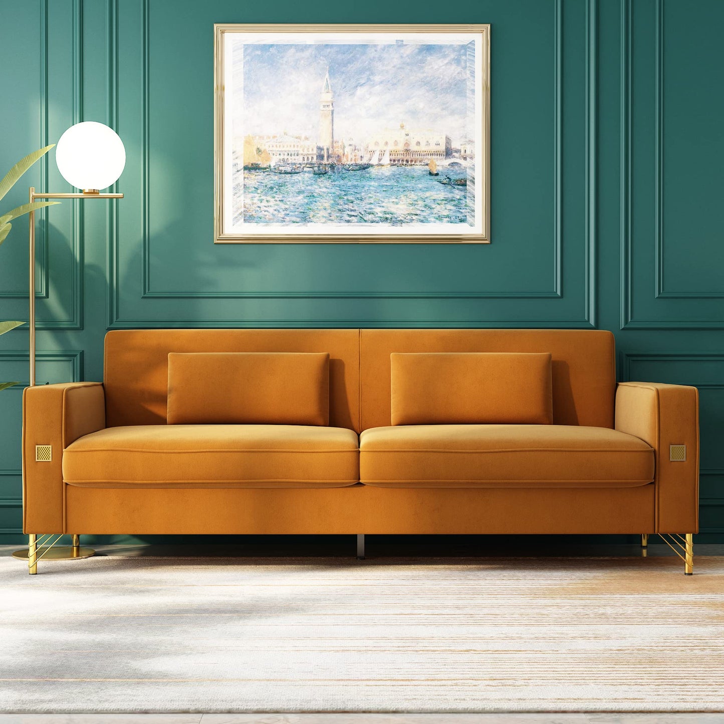85.63" Velvet Sofa,Modern Loveseat Couch with Pillows Set of 2 for Living Room,Bedroom,Apartment Furniture with Gold Metal Legs (Green)