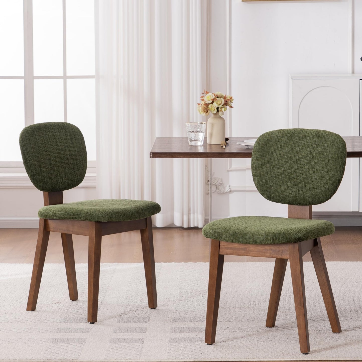 VKNOW Wooden Dining Chairs Set of 4, Mid Century Modern Upholstered Kitchen Side Chairs, Chenille Dining Room Chair with Curved Seat Backrest for Home Dining Room,Green