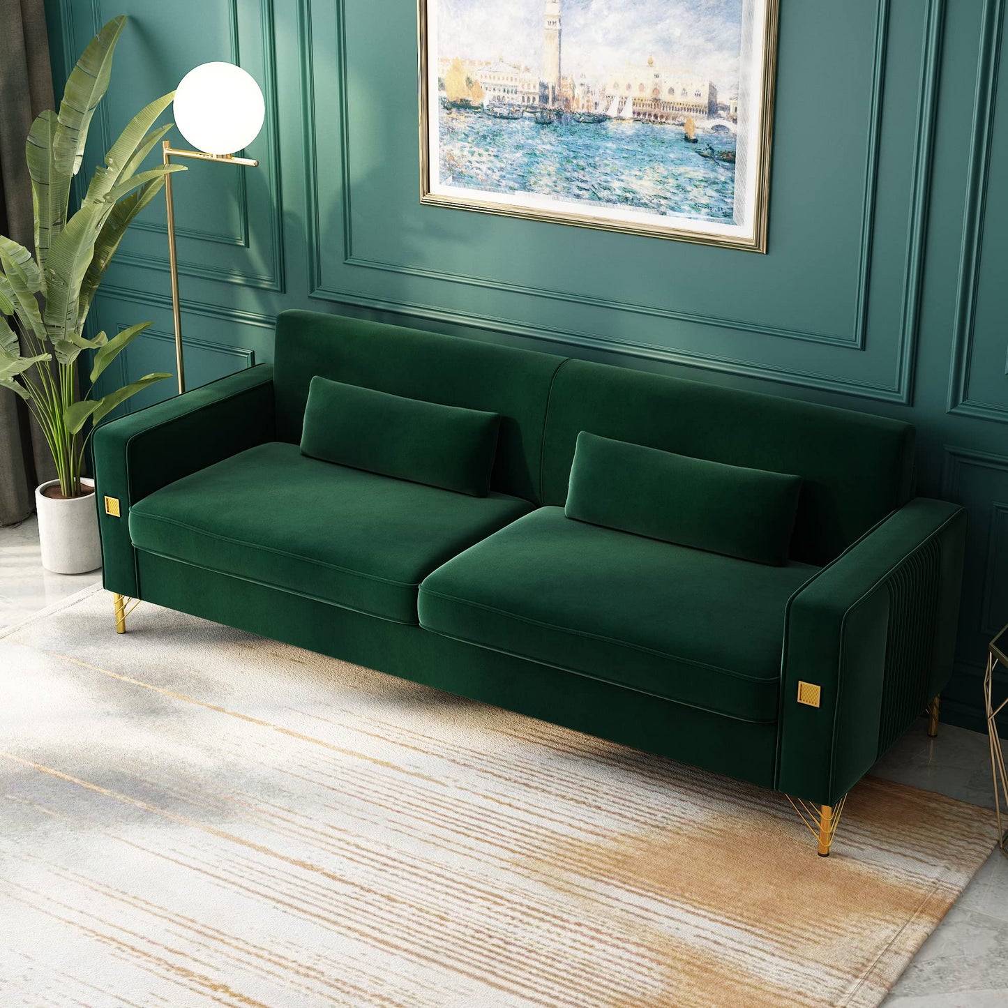 85.63" Velvet Sofa,Modern Loveseat Couch with Pillows Set of 2 for Living Room,Bedroom,Apartment Furniture with Gold Metal Legs (Green)