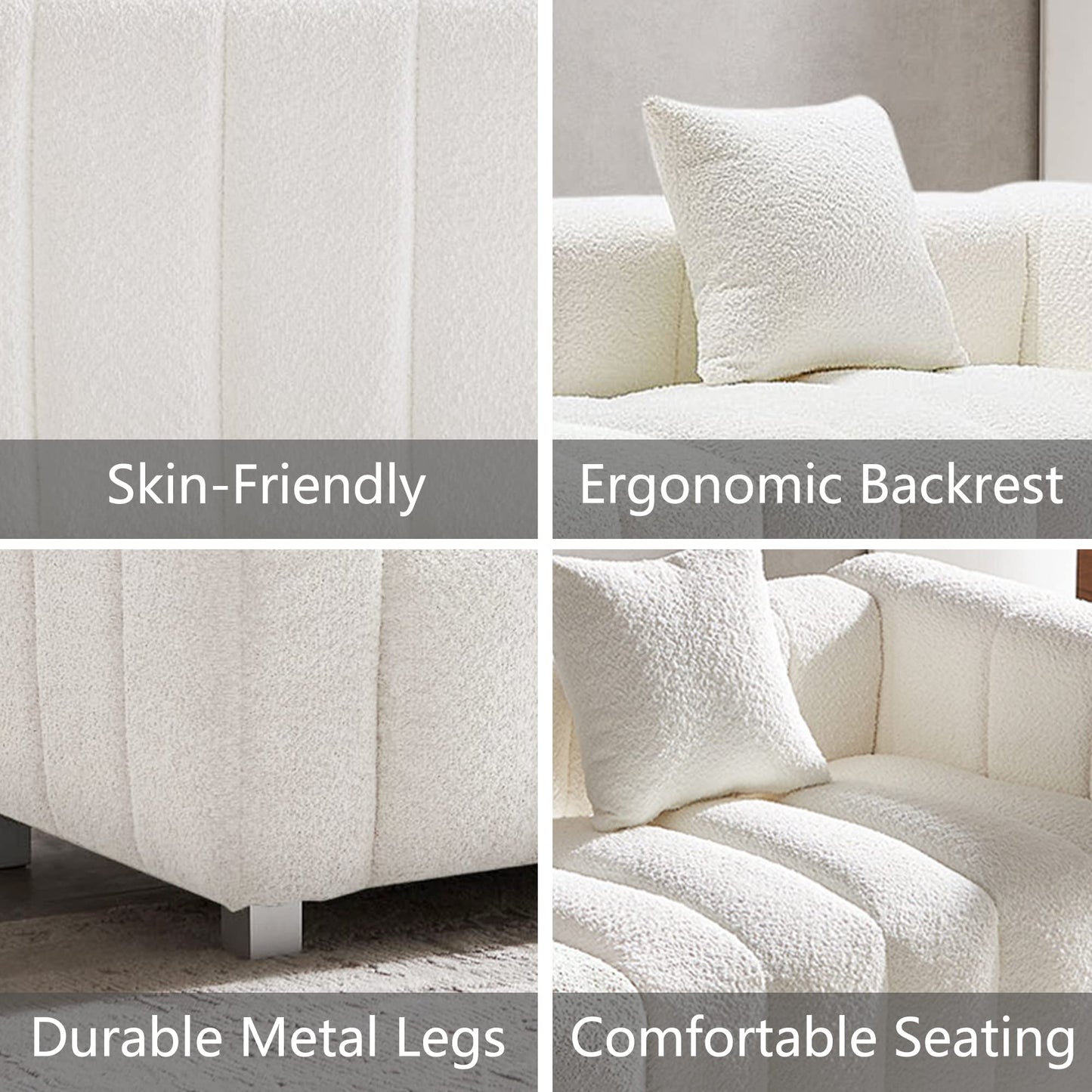 87.4" Modern 3 Seater Boucle Sofa Couch for Living Room, Mid Century Fluffy Couches with Solid Wood Frame and 6 Legs for Bedroom, Apartment, Weight Capacity 750 LBS (White)