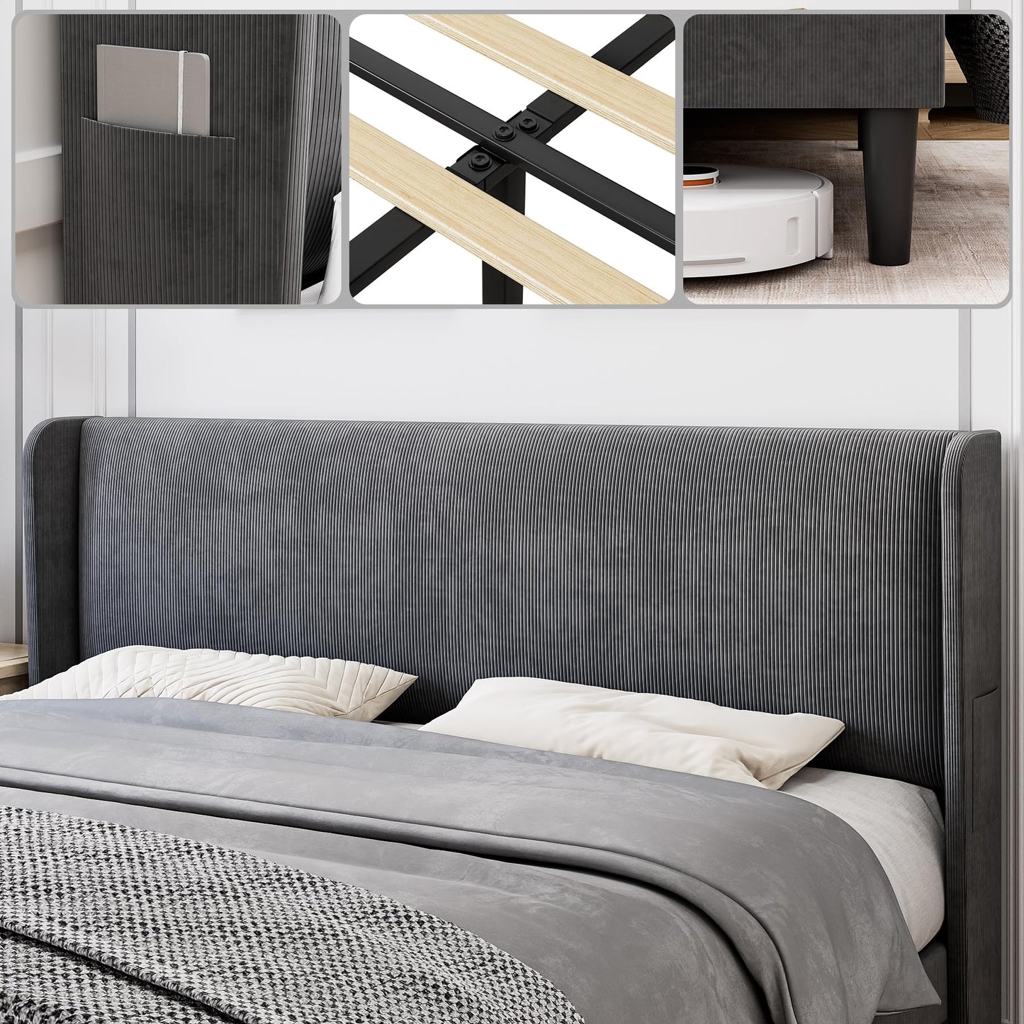 IDEALHOUSE King Upholstered Bed Frame with Wingback Headboard, Luxurious Velvet Upholstery Platform Bed, Wooden Slat Support, and Easy Assembly - Box Spring Optional, Light Gray