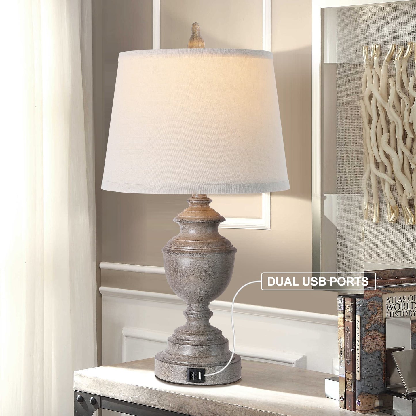 CeramicTable Lamps Set of 2 Lamps for Bedroom Living Room Office 26" Rotary Coastal Bedside Lamp for Nightstand with 2 USB Ports 3-Colors