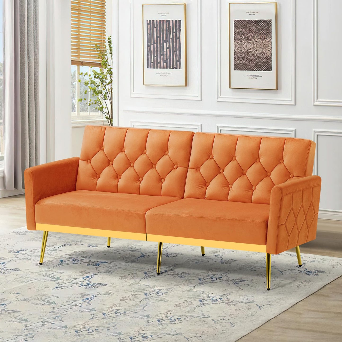 Velvet Sofa Bed w/Adjustable Armrests and Backrests, Modern Convertible Sleeper Sofa, Tufted Futon Sofa for Bedroom, Living Room, Apartment, Orange