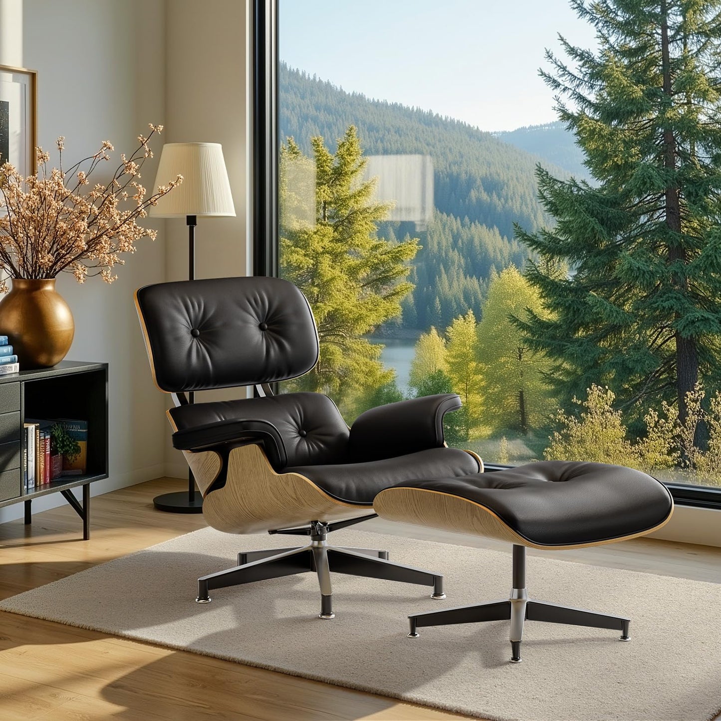 Top Black Grain Leather, Mid Century Chaise Lounge Chair and Ottoman, Modern Chair Classic Design, Walnut Wood, Heavy Duty Base Support for Living Room Office