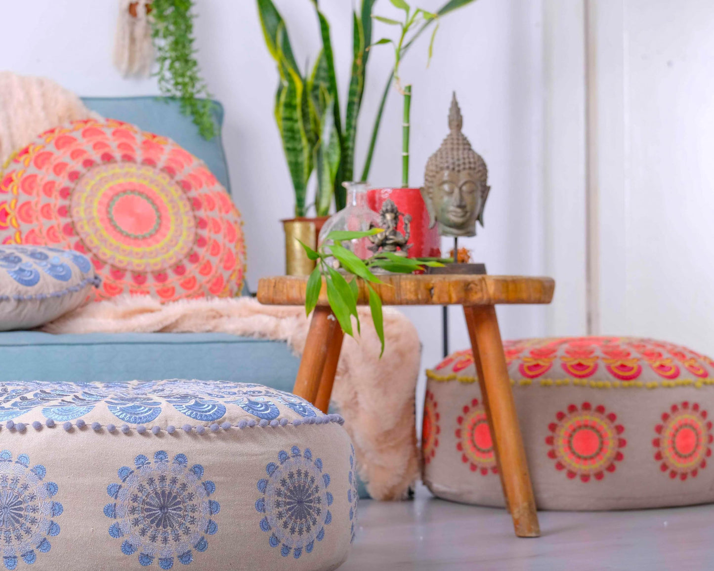 Large Round Floor Pillow Cover Blue Indian Décorative Accent Meditation Cushion Perfect for Living Room, Bedroom, Nursary or Children Room Seating Area Stool Footstool Pouf Ottoman 24x8 Unstuffed