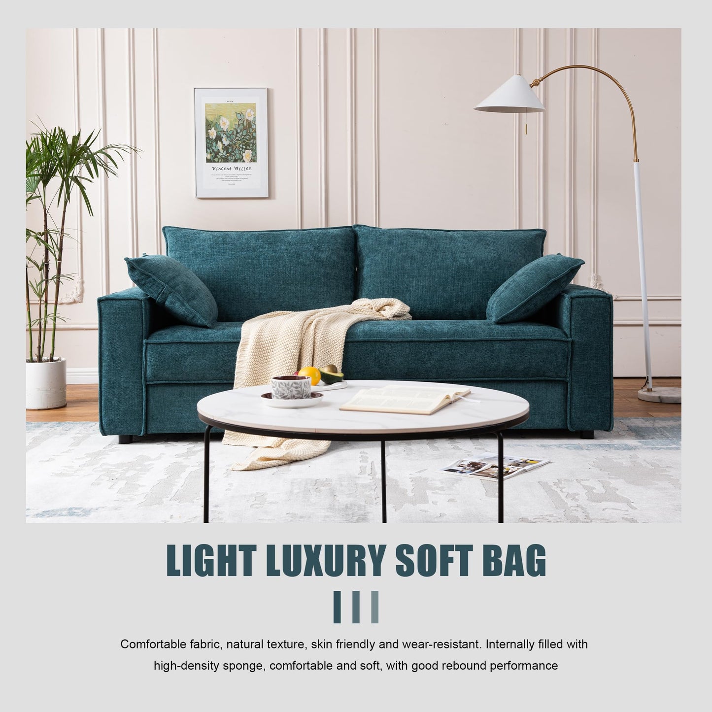 PINJU Three Person Sofa with Wide Upholstered Chaise Lounge Sofa, Linen Fabric, Easy to Assemble, No Noise (Turquoise)