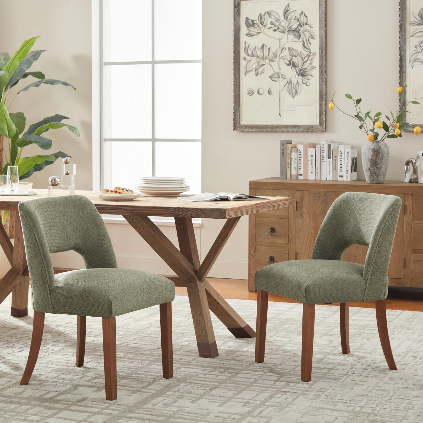 VKNOW Wooden Dining Chairs Set of 2, Modern Fabric Upholstered Dining Room Chair Kitchen Chairs, Farmhouse Dinner Chair for Kitchen Dining Room, Beige-Black Legs