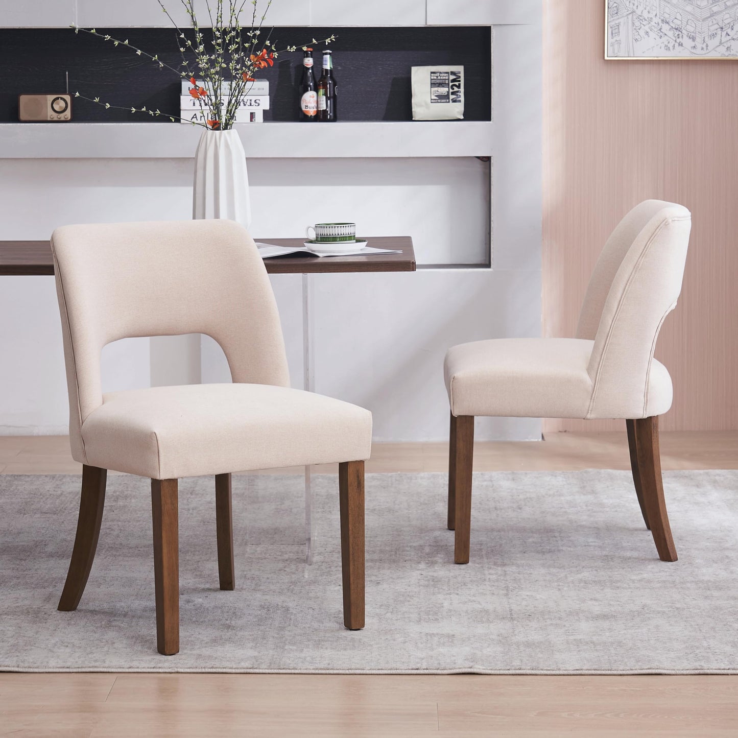 VKNOW Wooden Dining Chairs Set of 2, Modern Fabric Upholstered Dining Room Chair Kitchen Chairs, Farmhouse Dinner Chair for Kitchen Dining Room, Beige-Black Legs