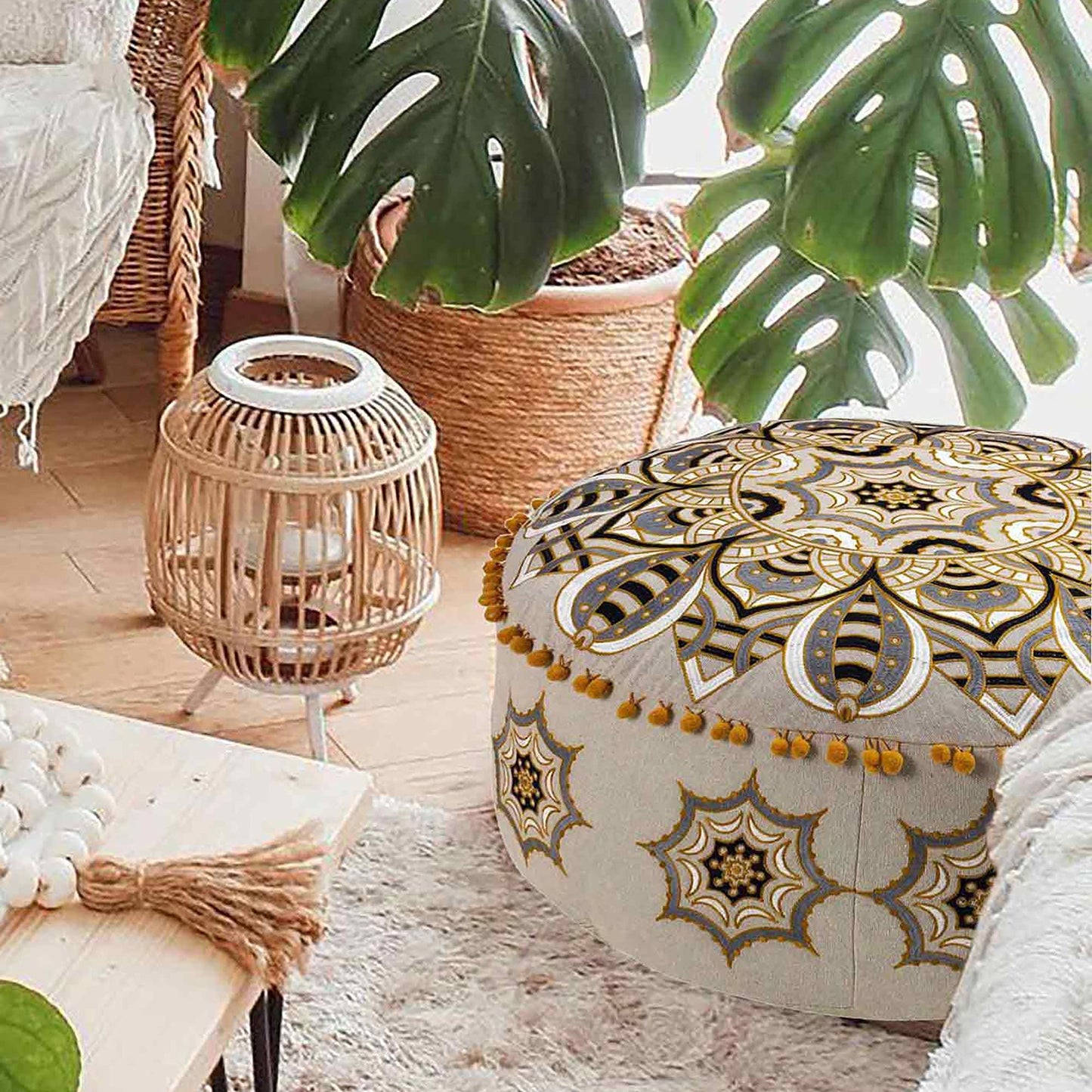 Large Round Floor Pillow Cover Blue Indian Décorative Accent Meditation Cushion Perfect for Living Room, Bedroom, Nursary or Children Room Seating Area Stool Footstool Pouf Ottoman 24x8 Unstuffed