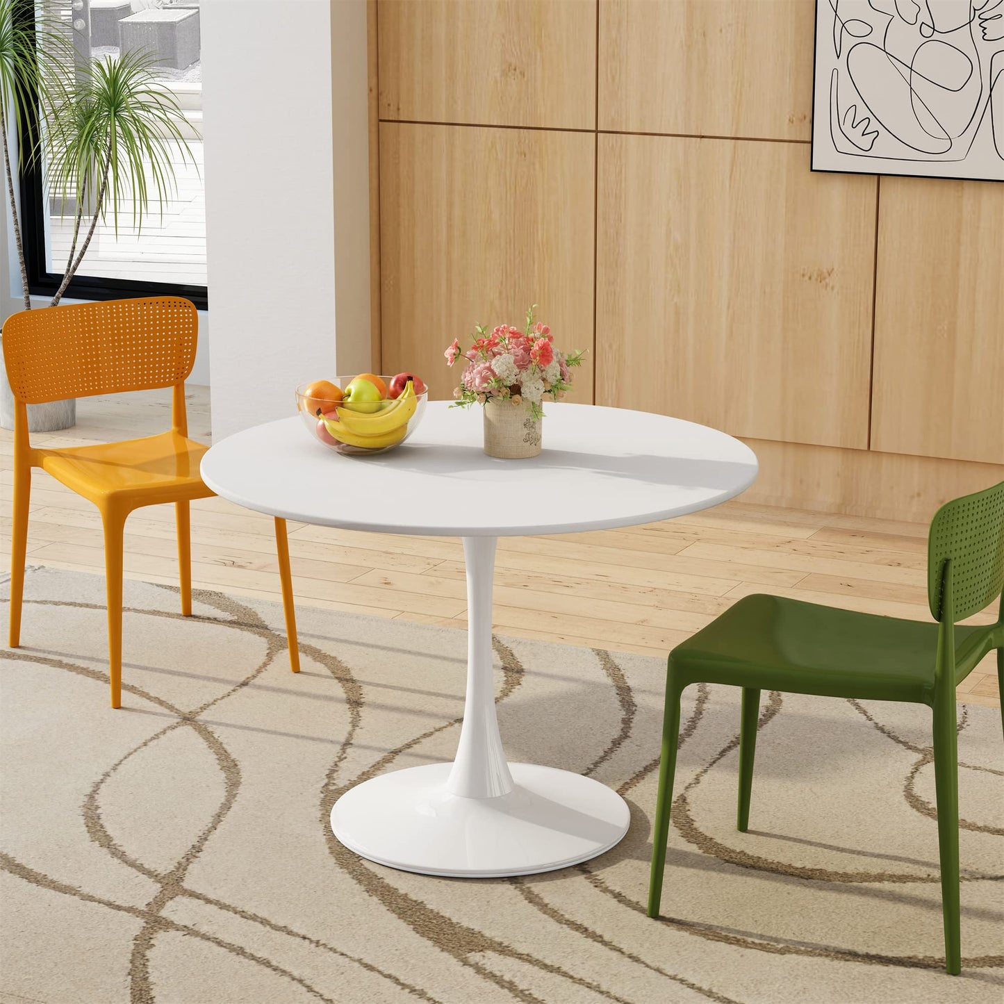 DKLGG 42" Modern Round Dining Table with MDF Top, Metal Base Pedestal Tulip Kitchen Table for 4-6 Person, Small Space Home, End Leisure Coffee Table, White