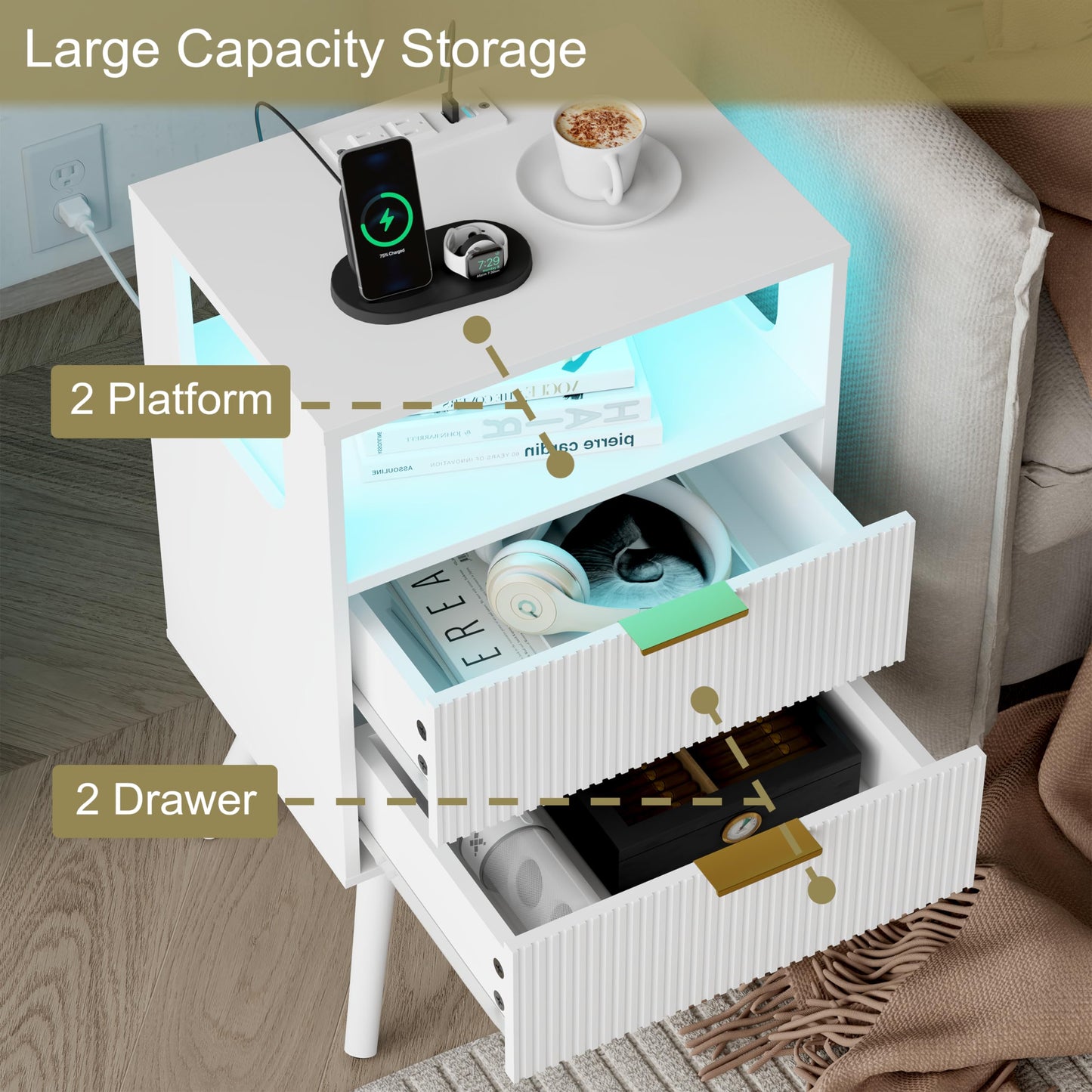 Nightstand with Charging Station and LED Lights,Modern Bedside Table with 2 Storage Drawer and Open Wood Shelf, for Bedroom and Small Spaces,Night Stand with Solid Wood Legs,GreyOak