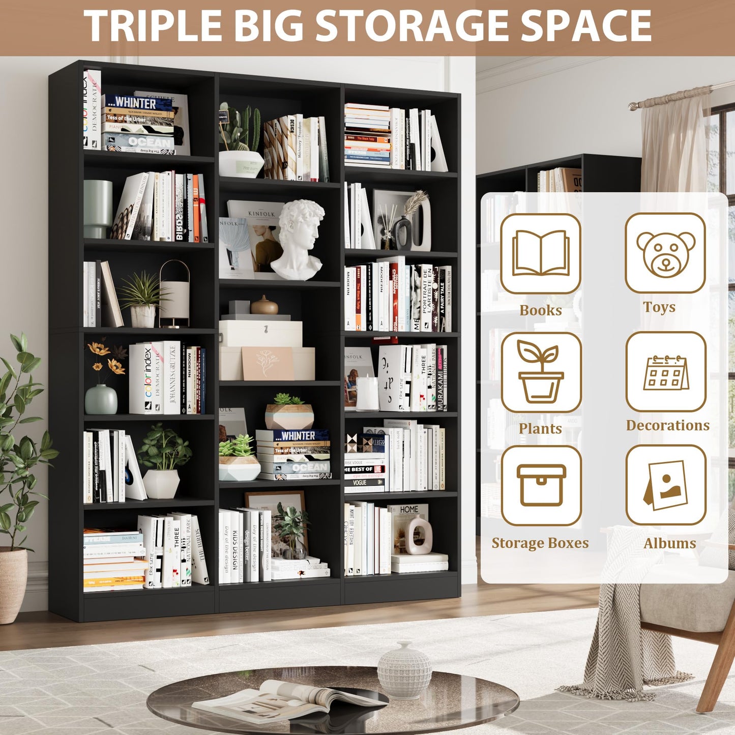 Triple Wide Bookshelf, 6 Tier Large Bookshelf, Bookcase with 17 Open Display Shelves, 74'' Tall Bookcases and Bookshelves for Living Room, Home Office, Library, White