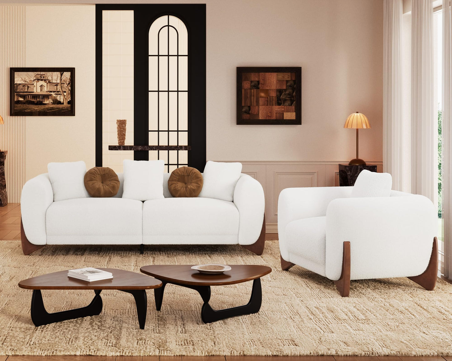 Morden Fort Modern Cloud Couch - 3 Seater Sherpa Boucle Sofa with Wood Legs, Ultra-Thick High Resilience Cushion with 3 Matching Pillows Upholstered Comfy Couch Sofa for Living Room - Off White