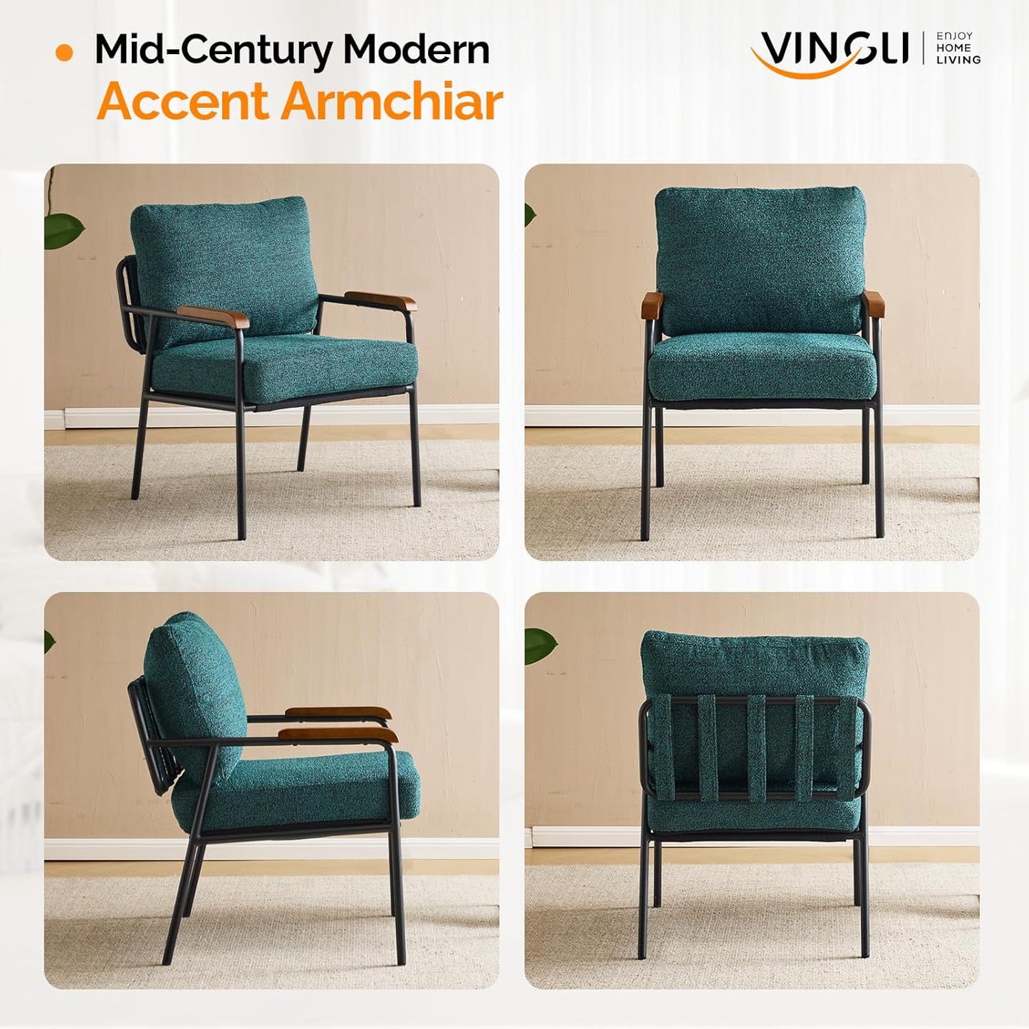 VINGLI Mid-Century Modern Accent Armchiar for Small Space, Small Comfy Upholstered Leisure Reading Chair with Wood Armrest for Bedroom, Living Room, Waiting Room, Linen Teal