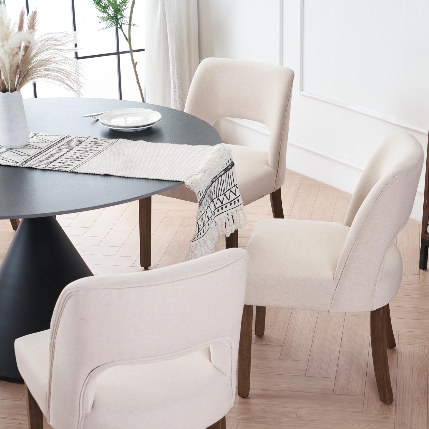 VKNOW Wooden Dining Chairs Set of 2, Modern Fabric Upholstered Dining Room Chair Kitchen Chairs, Farmhouse Dinner Chair for Kitchen Dining Room, Beige-Black Legs