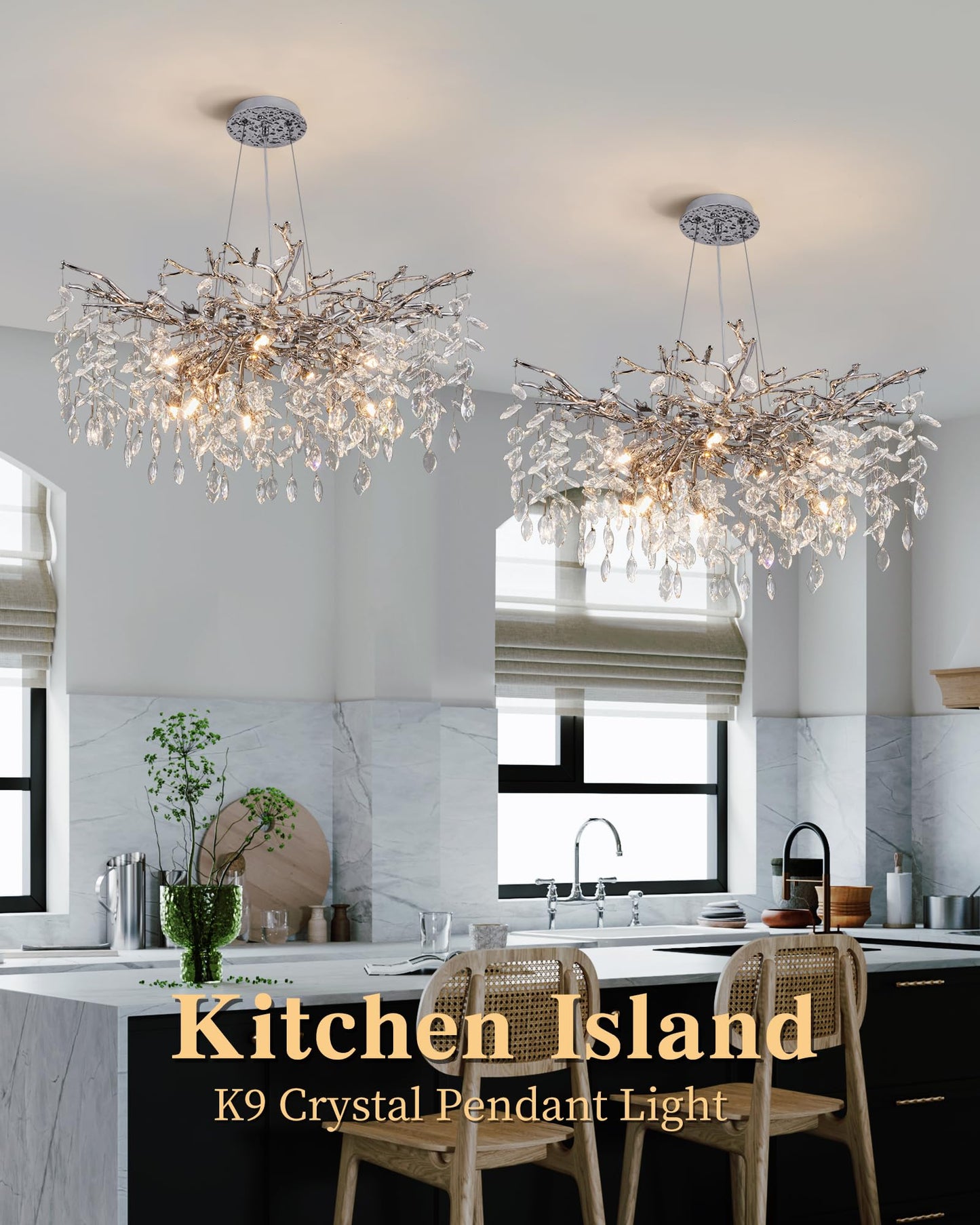 Modern Tree Branch Crystal Chandelier Luxury Silver Crystal Pendant Lighting 18" Contemporary 6-Light Chandeliers for Dining Room Kitchen Bedroom Living Room