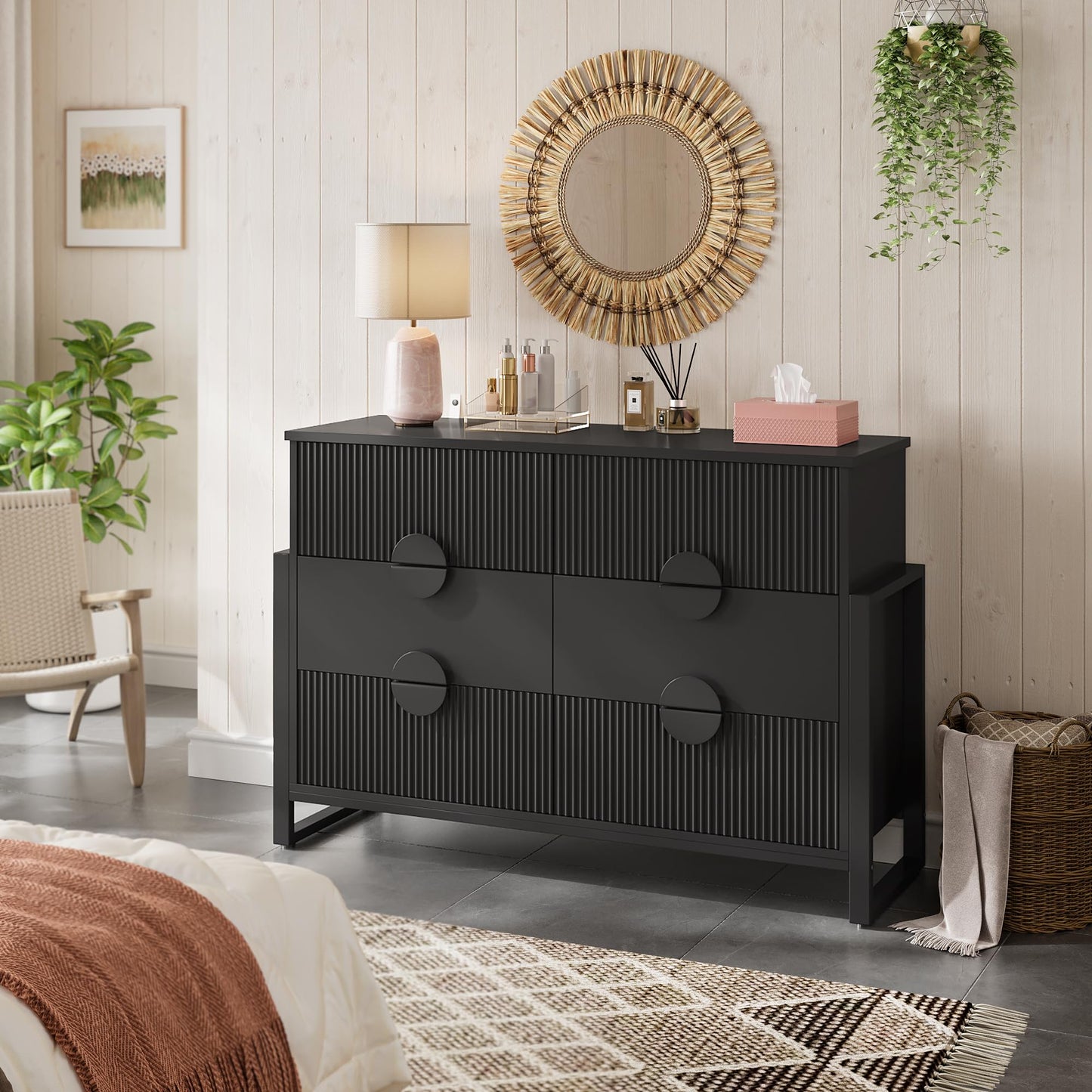 LGHM Fluted Gray Dresser for Bedroom, 50" Wide Chest of Drawers, Modern 6 Deep Drawers Dresser with Raised H Legs -Curved Profile Design, Easy Round Handles for Bedroom,Livingroom, Hallway, Gray