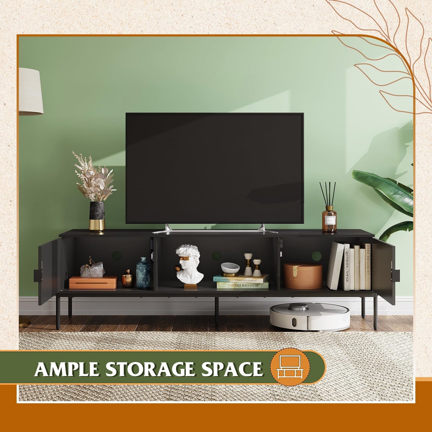WLIVE Modern TV Stand for 65 Inch TV, Mid Century Entainment Center with Storage Cabinets, TV Console for Bedroom and Living Room, TV Cabinet with Metal Legs, White