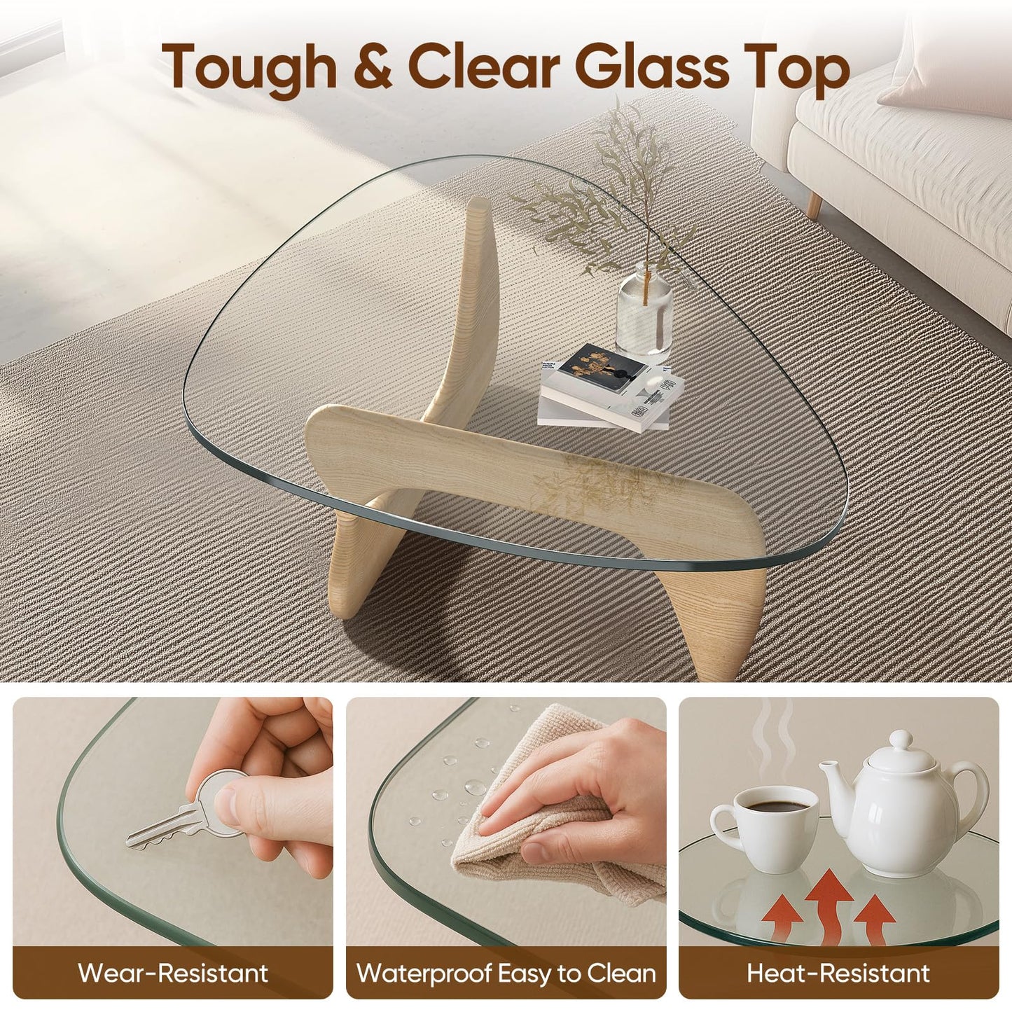 Noguchi Coffee Table – Mid-Century Modern Triangle Glass Coffee Table with Clear Tempered Top & Wood Base, End Table for Living Room Office Hotel Balcony, 50" W x 37.5" D