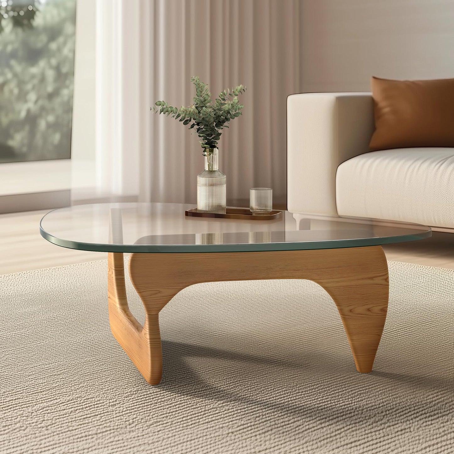 Noguchi Coffee Table – Mid-Century Modern Triangle Glass Coffee Table with Clear Tempered Top & Wood Base, End Table for Living Room Office Hotel Balcony, 50" W x 37.5" D
