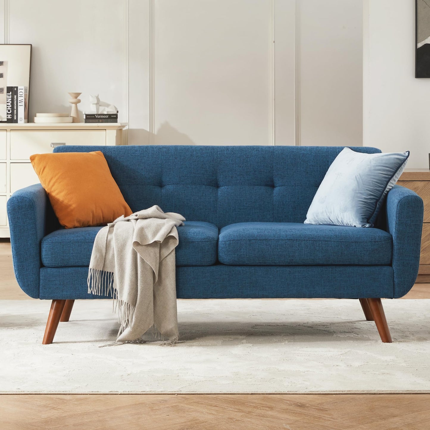 Tbfit 65" W Loveseat Sofa, Mid Century Modern Love Seat Couches for Living Room, Button Tufted Upholstered Small Couch for Bedroom, Solid and Easy to Install Love Seats Furniture, Grey