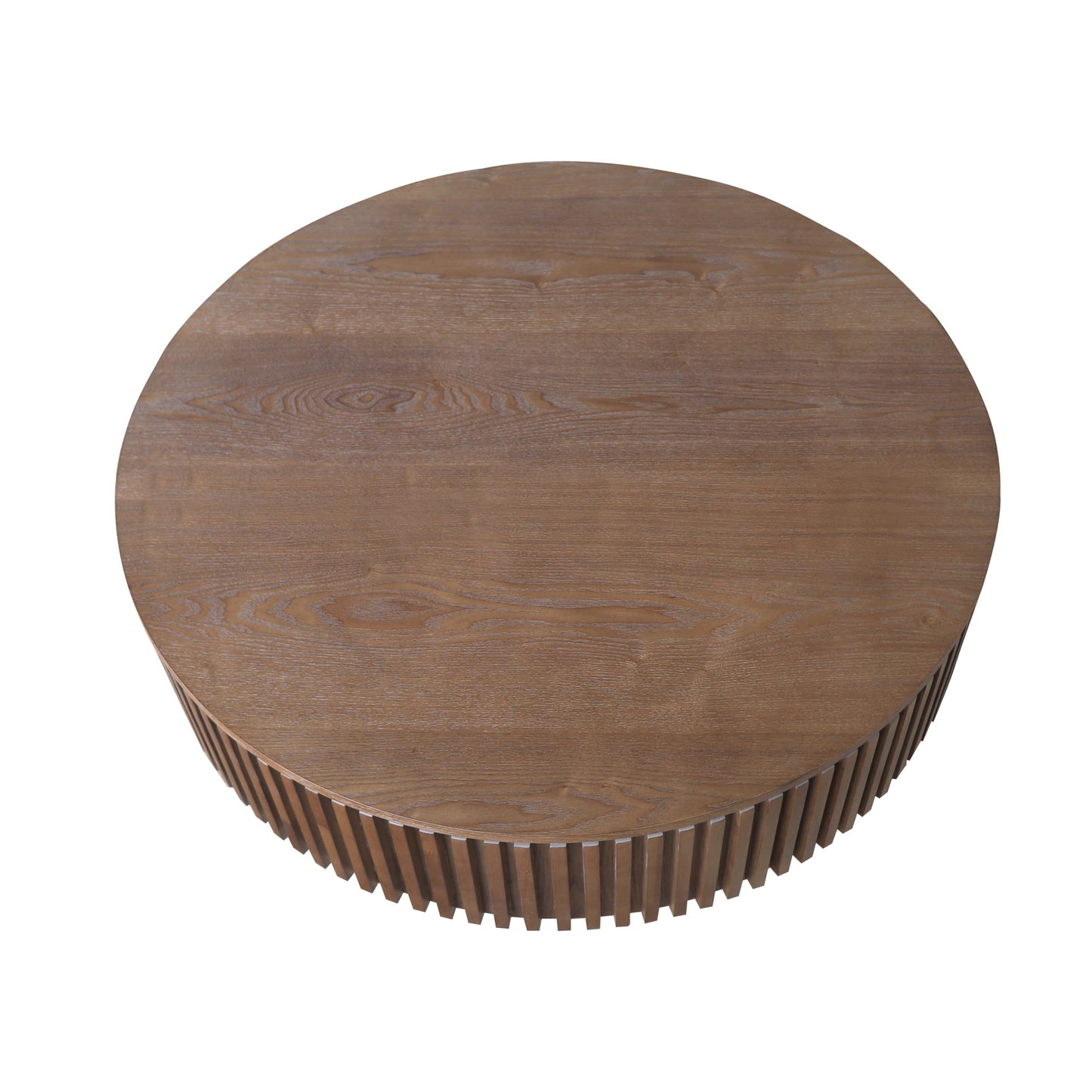 31.5" Round Drum Coffee Table with Storage, Handcraft Fluted Drum Coffee Table, Modern Wooden Circle Cocktail Tea Table Center Table with Sturdy Pedestal for Living Room Apartment (Walnut)