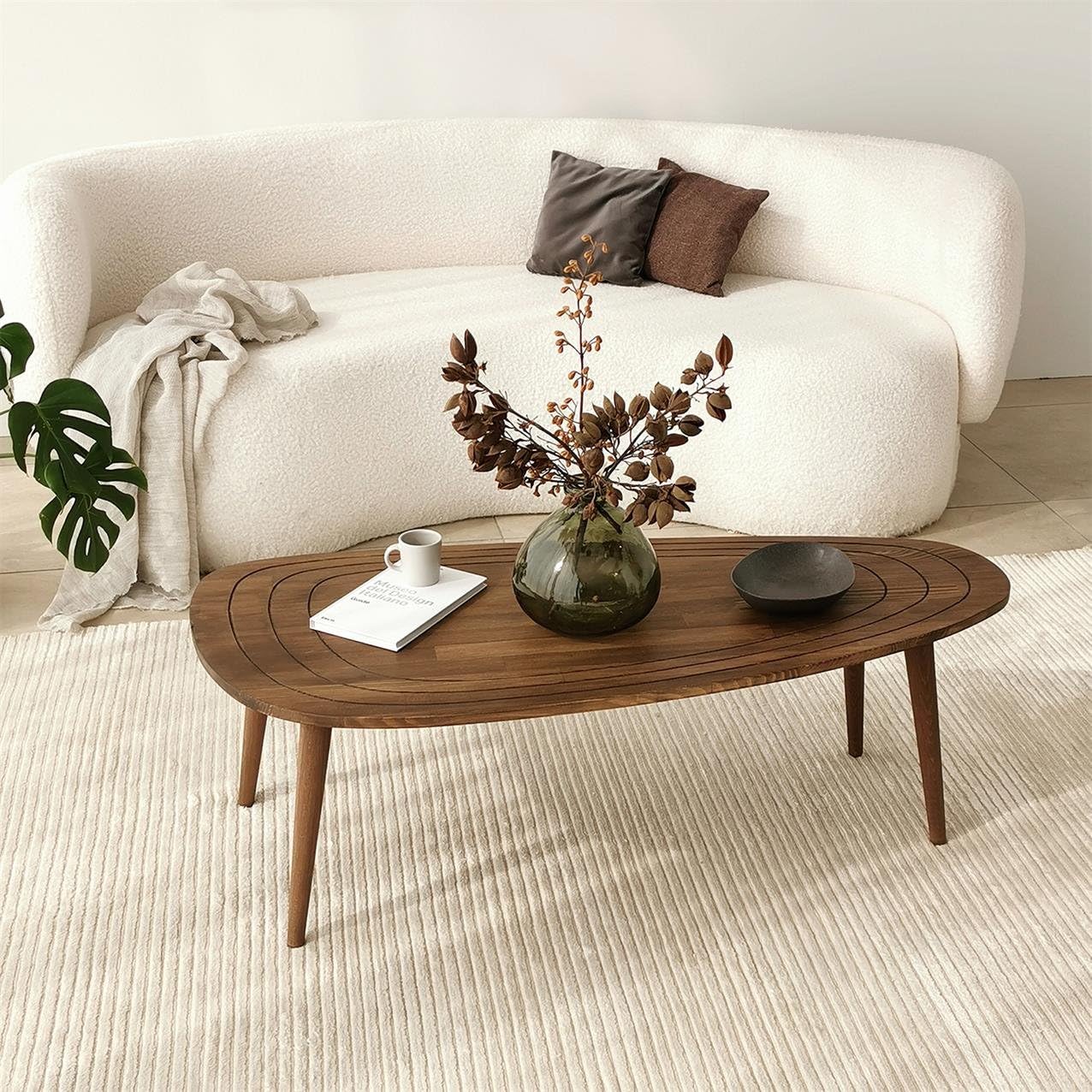 Solid Wood Oval Coffee Table, Engraved Wooden Center Table, Modern Surfboard Table, Mid Century Aesthetic Low Coffee Table, Vintage Living Room Furniture (Walnut)