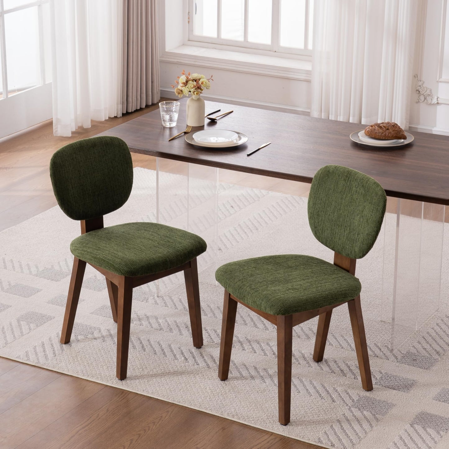 VKNOW Wooden Dining Chairs Set of 4, Mid Century Modern Upholstered Kitchen Side Chairs, Chenille Dining Room Chair with Curved Seat Backrest for Home Dining Room,Green