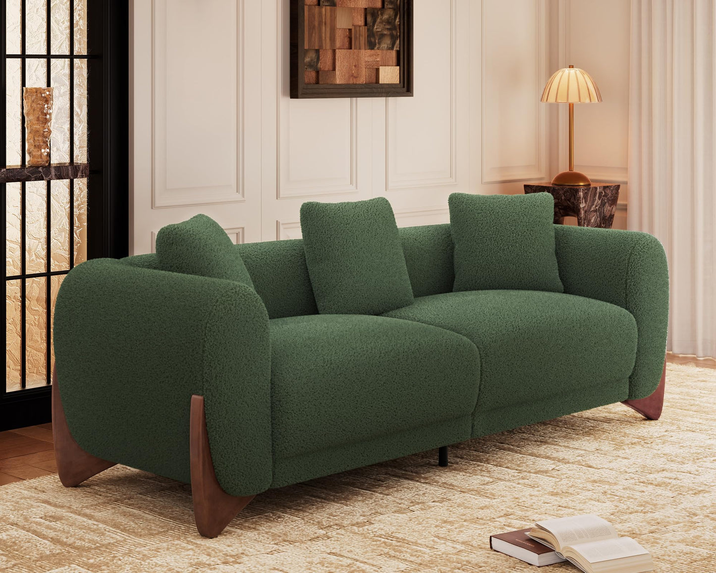 Morden Fort Modern Cloud Couch - 3 Seater Sherpa Boucle Sofa with Wood Legs, Ultra-Thick High Resilience Cushion with 3 Matching Pillows Upholstered Comfy Couch Sofa for Living Room - Off White