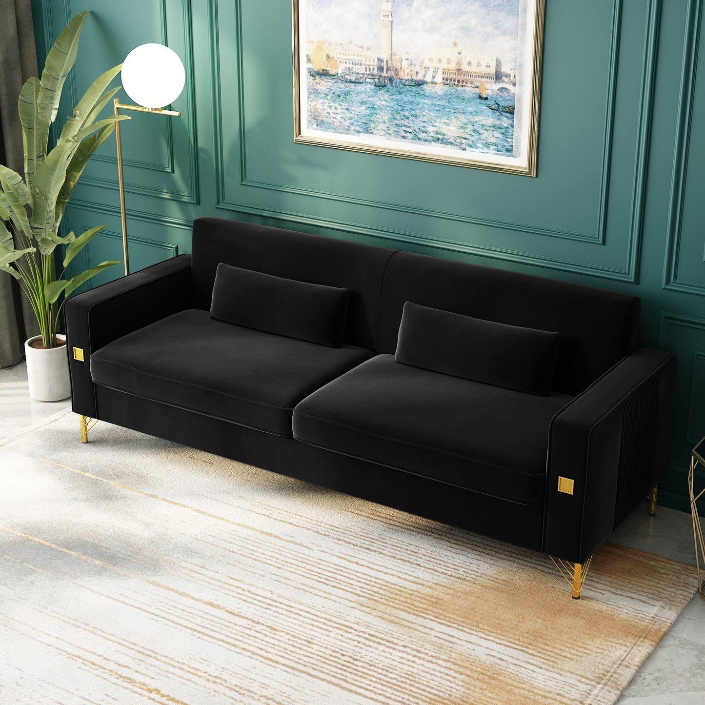 85.63" Velvet Sofa,Modern Loveseat Couch with Pillows Set of 2 for Living Room,Bedroom,Apartment Furniture with Gold Metal Legs (Green)