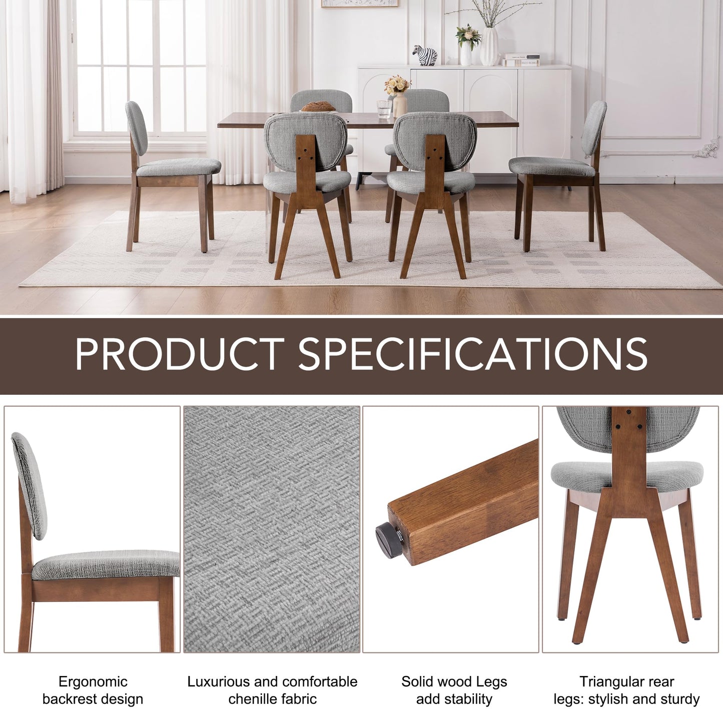 VKNOW Wooden Dining Chairs Set of 4, Mid Century Modern Upholstered Kitchen Side Chairs, Chenille Dining Room Chair with Curved Seat Backrest for Home Dining Room,Green