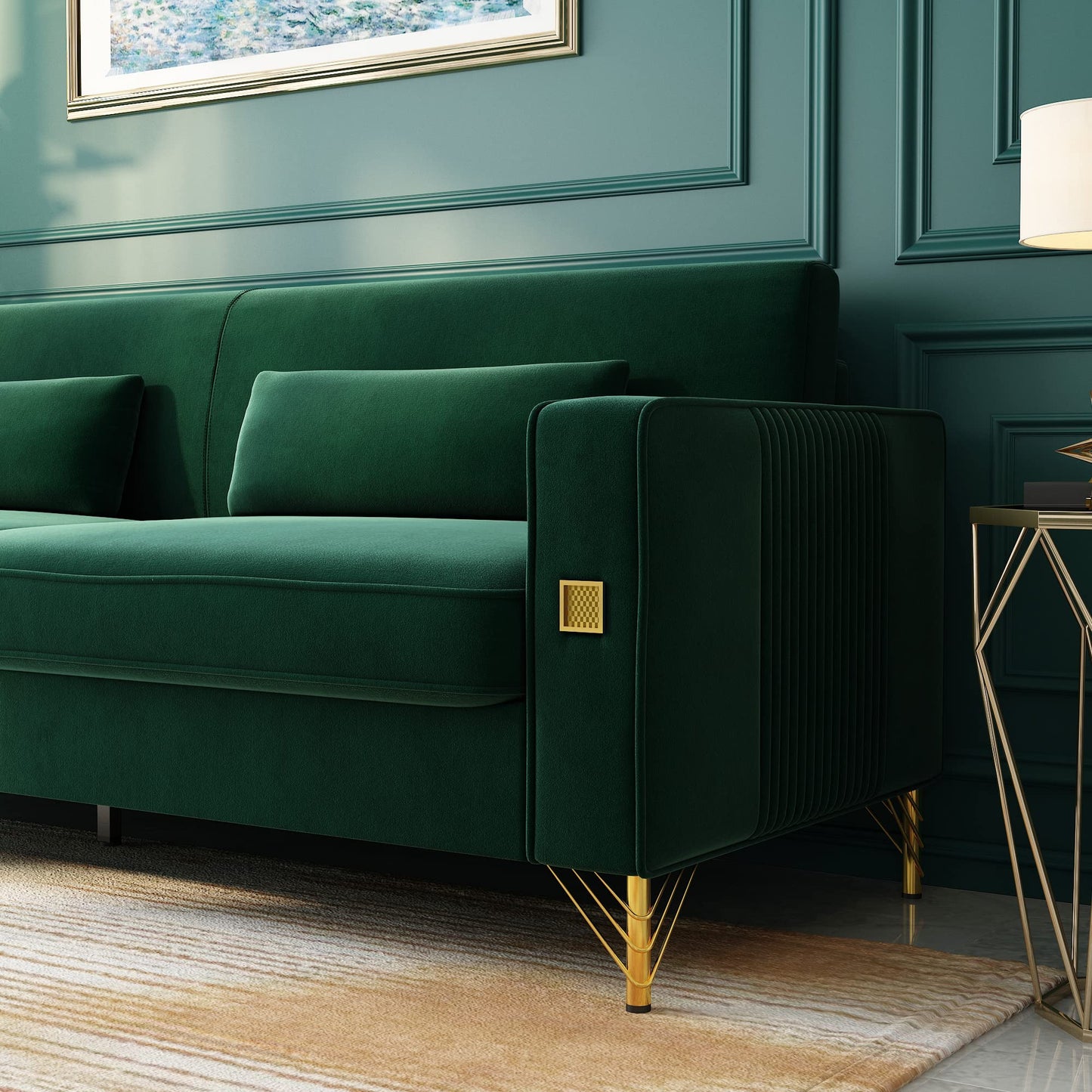 85.63" Velvet Sofa,Modern Loveseat Couch with Pillows Set of 2 for Living Room,Bedroom,Apartment Furniture with Gold Metal Legs (Green)