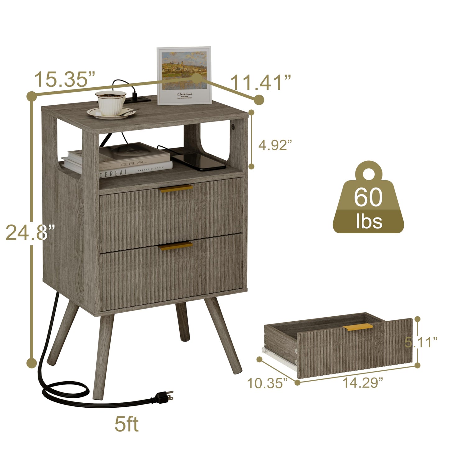 Nightstand with Charging Station and LED Lights,Modern Bedside Table with 2 Storage Drawer and Open Wood Shelf, for Bedroom and Small Spaces,Night Stand with Solid Wood Legs,GreyOak