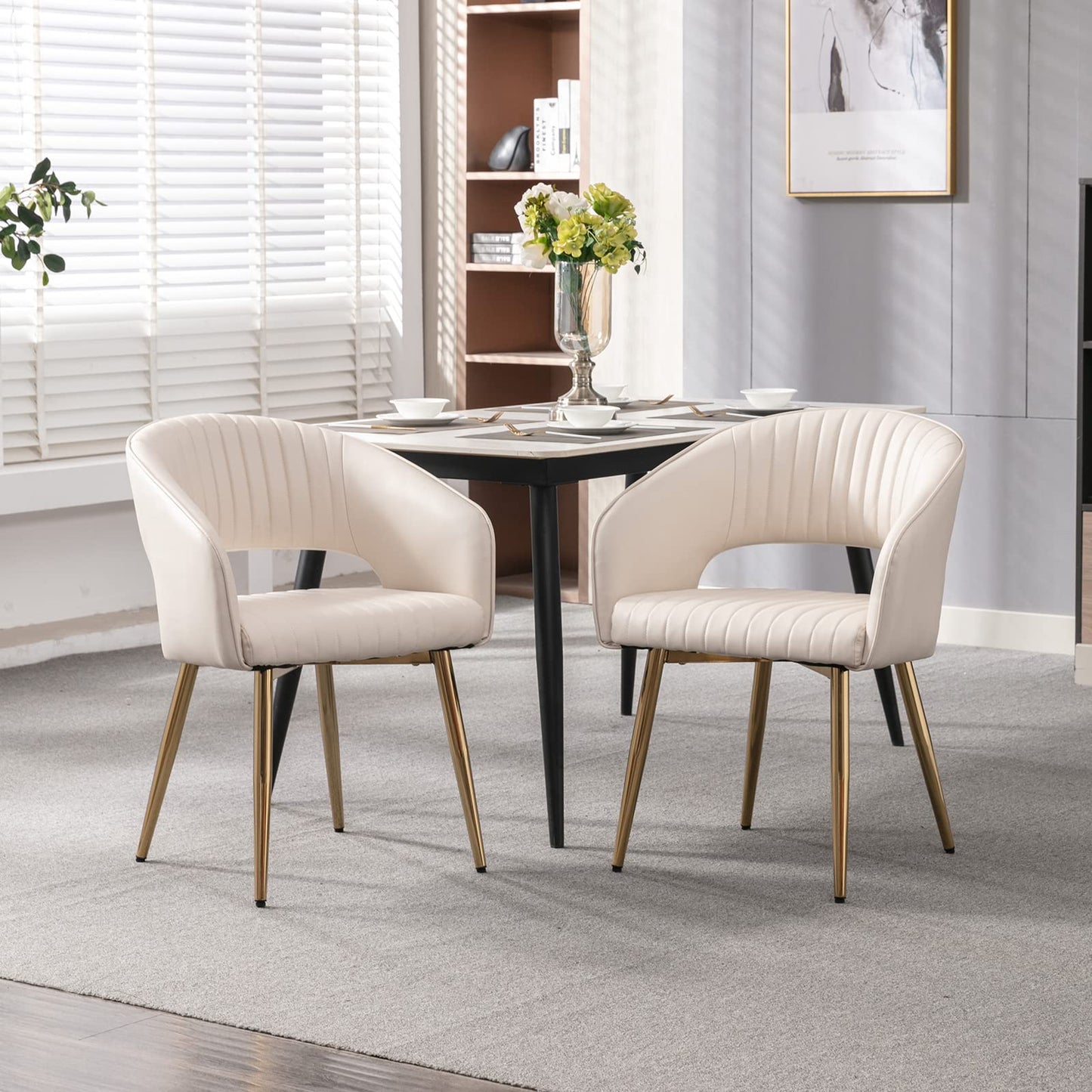 Modern Velvet Dining Chairs Set of 2, Upholstered Gold Dining Chairs with Hollow Back, Dining Room Chairs with Gold Legs, Accent Armrest Kitchen Chairs for Living Room Reception Teal Blue