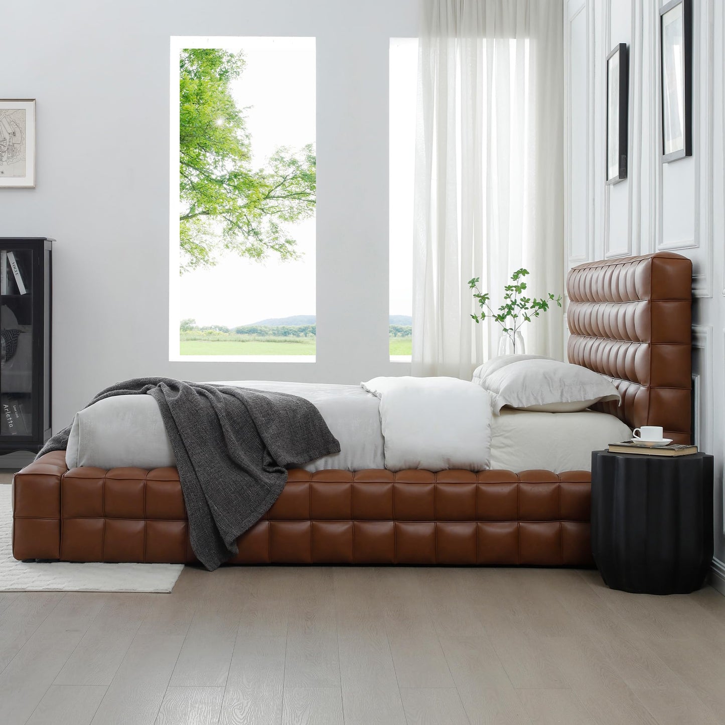 Woodpeckers Furniture And Mattress Livia Vegan Leather Upholstered Bed Frame (Brown, King)