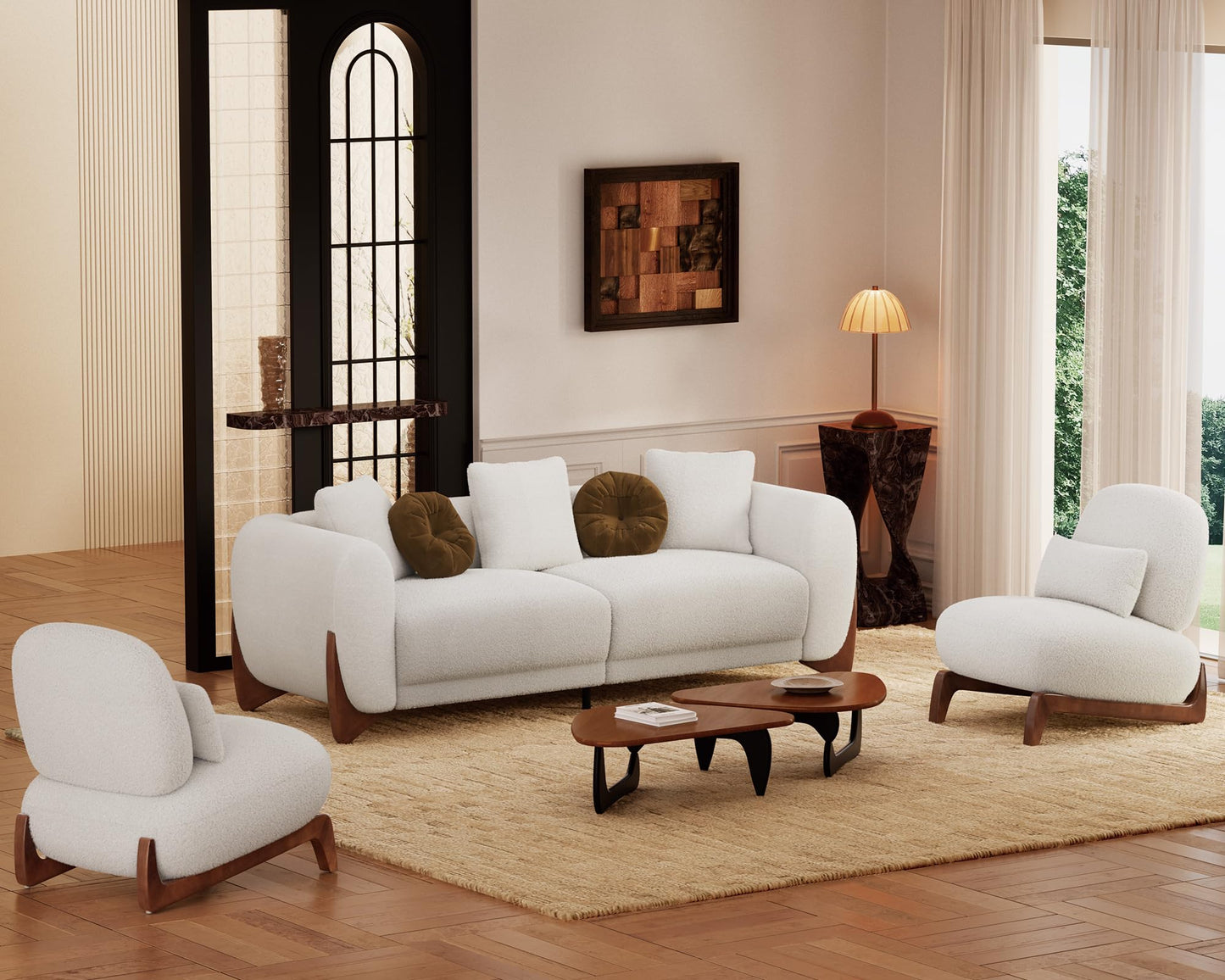Morden Fort Modern Cloud Couch - 3 Seater Sherpa Boucle Sofa with Wood Legs, Ultra-Thick High Resilience Cushion with 3 Matching Pillows Upholstered Comfy Couch Sofa for Living Room - Off White
