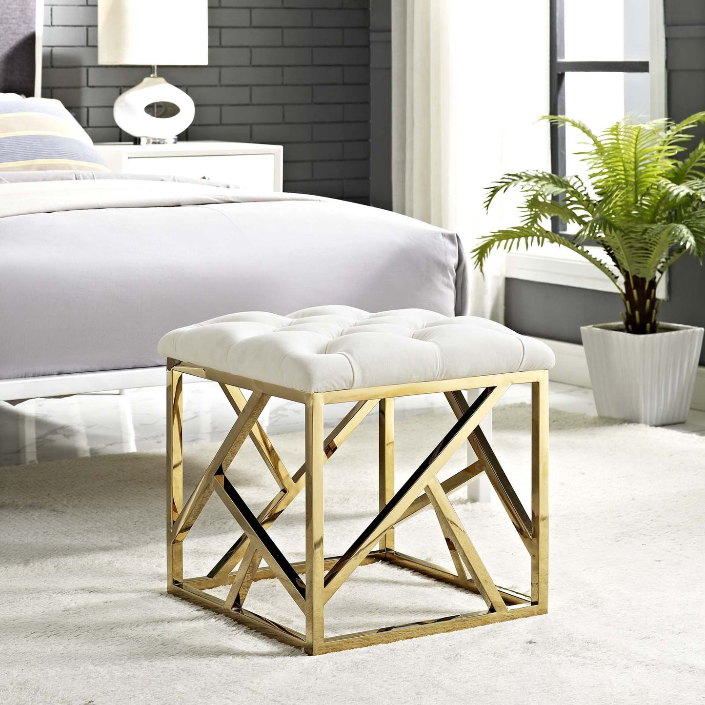 Modway intersperse Button-Tufted Contemporary Modern with Metallic Frame, Bench, Silver Gray
