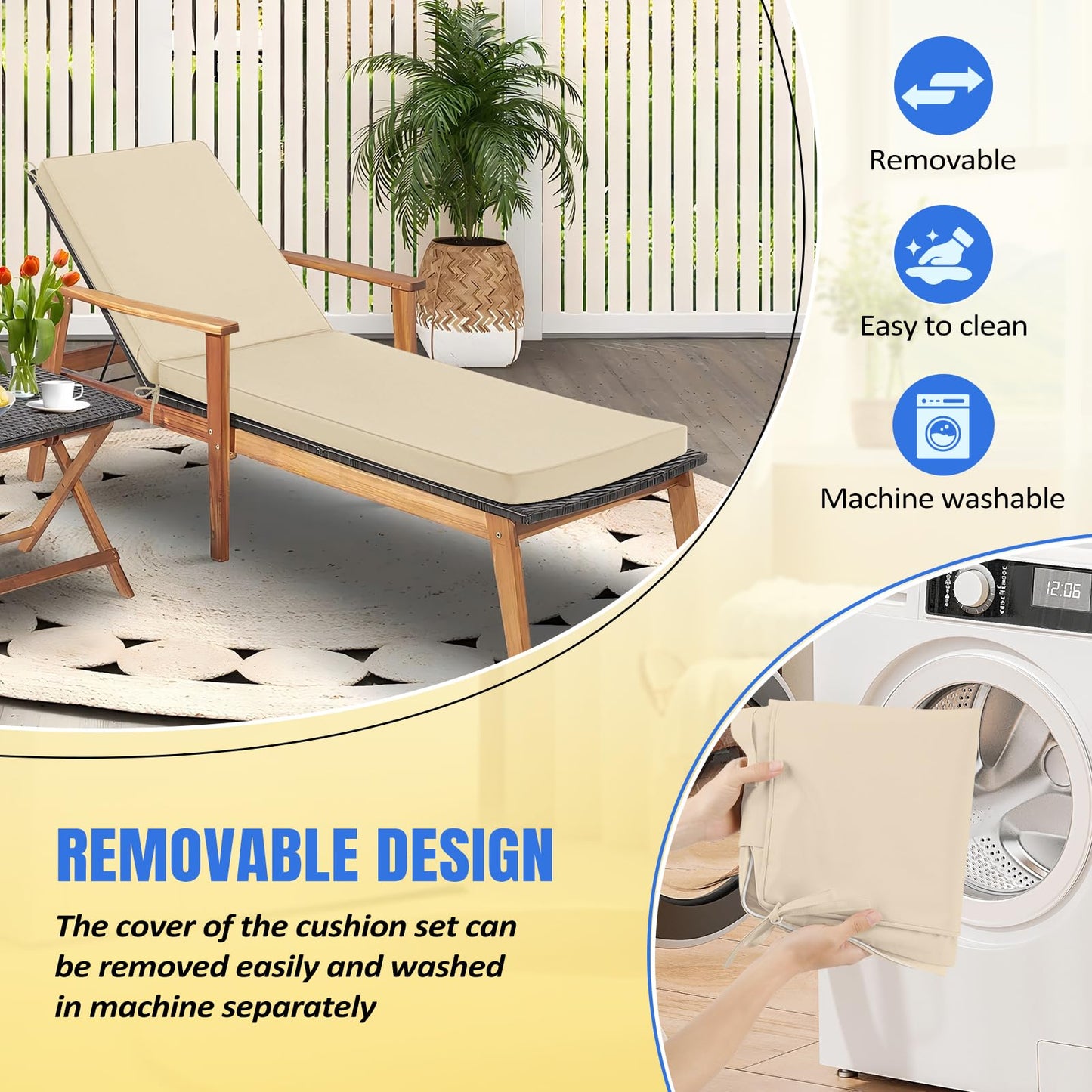 Basic Beyond Chaise Lounge Cushions Outdoor, 3-Layer Waterproof Outdoor Furniture Cushions with Removable Cover and 4 Ties, 72"x21"x3" Patio Lounge Chair Cushions for Outdoor Furniture, Yellow