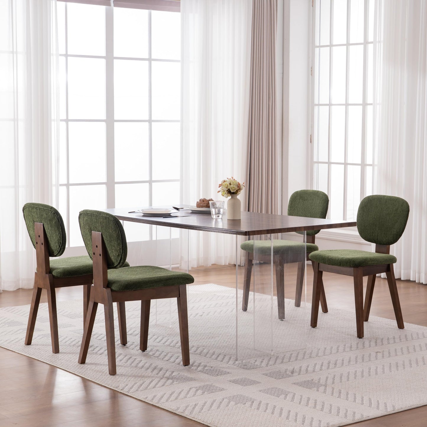 VKNOW Wooden Dining Chairs Set of 4, Mid Century Modern Upholstered Kitchen Side Chairs, Chenille Dining Room Chair with Curved Seat Backrest for Home Dining Room,Green