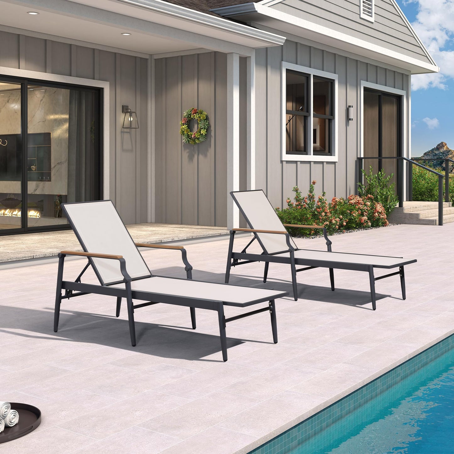 PURPLE LEAF Outdoor Chaise Lounge Chair Set of 2 Patio Pool Lounger Wicker Chairs with Wooden Armrest Sunbathing Tanning Recliner for Pool Backyard Garden Dark Brown