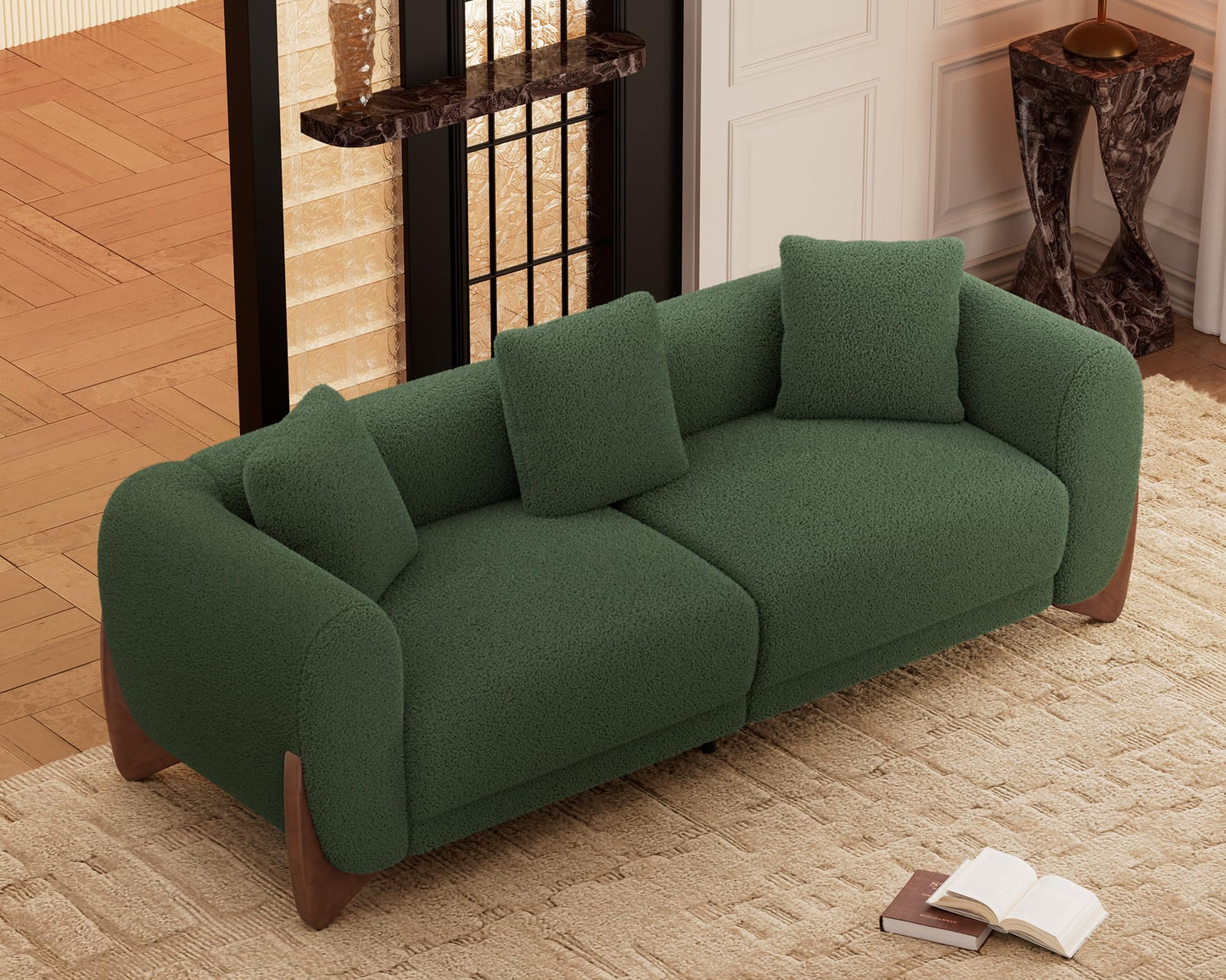Morden Fort Modern Cloud Couch - 3 Seater Sherpa Boucle Sofa with Wood Legs, Ultra-Thick High Resilience Cushion with 3 Matching Pillows Upholstered Comfy Couch Sofa for Living Room - Off White