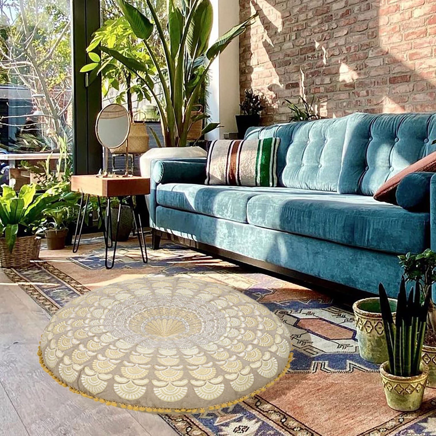 Large Round Floor Pillow Cover Blue Indian Décorative Accent Meditation Cushion Perfect for Living Room, Bedroom, Nursary or Children Room Seating Area Stool Footstool Pouf Ottoman 24x8 Unstuffed