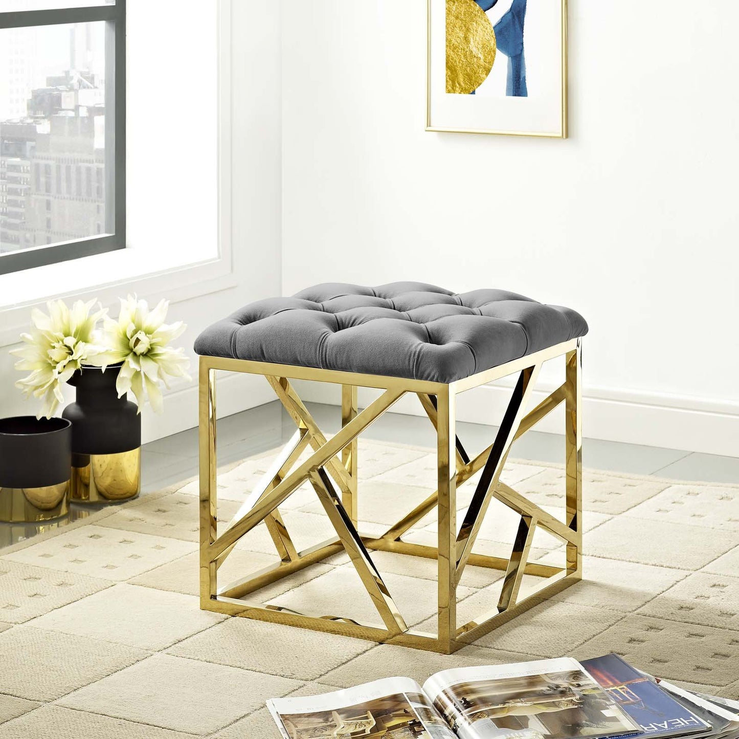 Modway intersperse Button-Tufted Contemporary Modern with Metallic Frame, Bench, Silver Gray