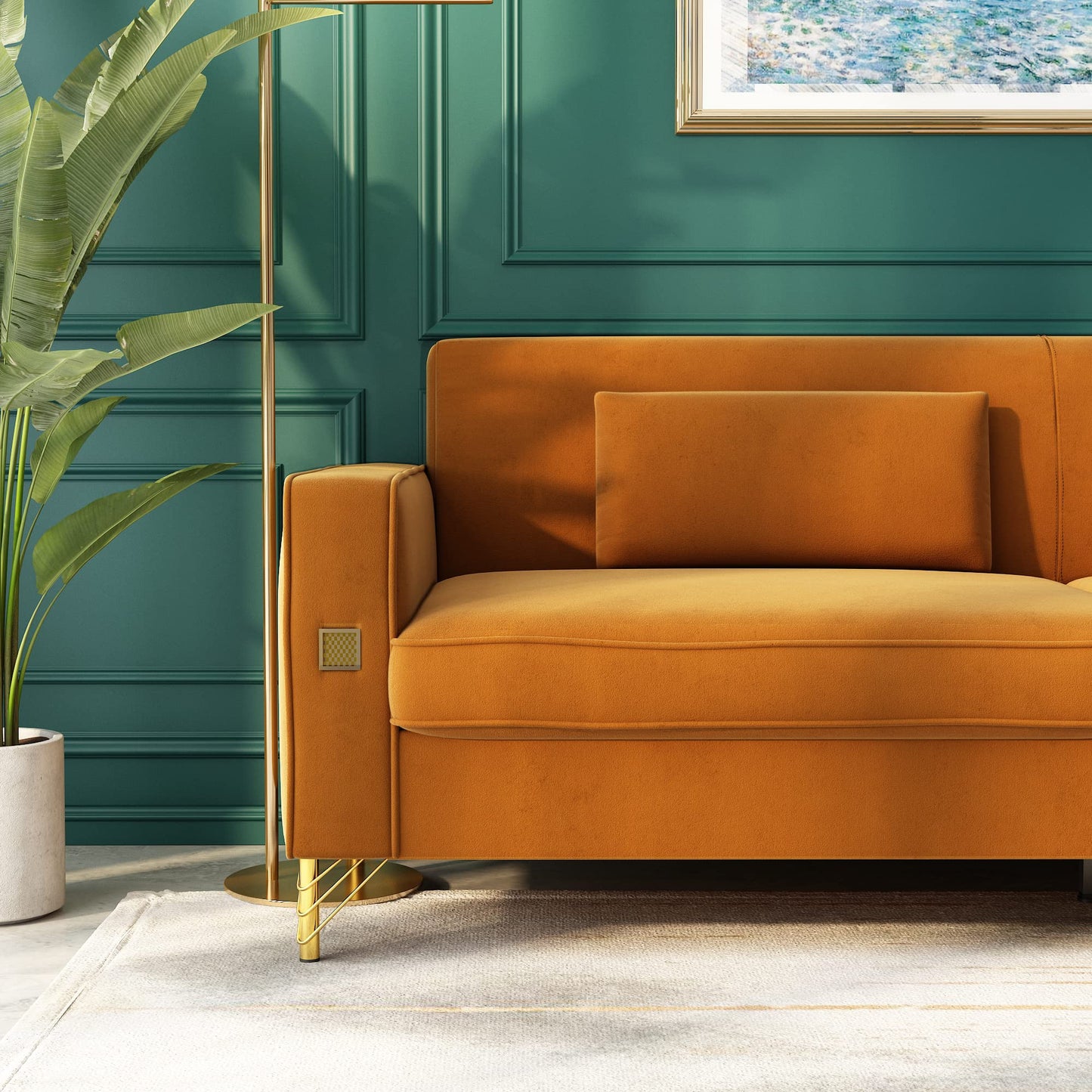 85.63" Velvet Sofa,Modern Loveseat Couch with Pillows Set of 2 for Living Room,Bedroom,Apartment Furniture with Gold Metal Legs (Green)