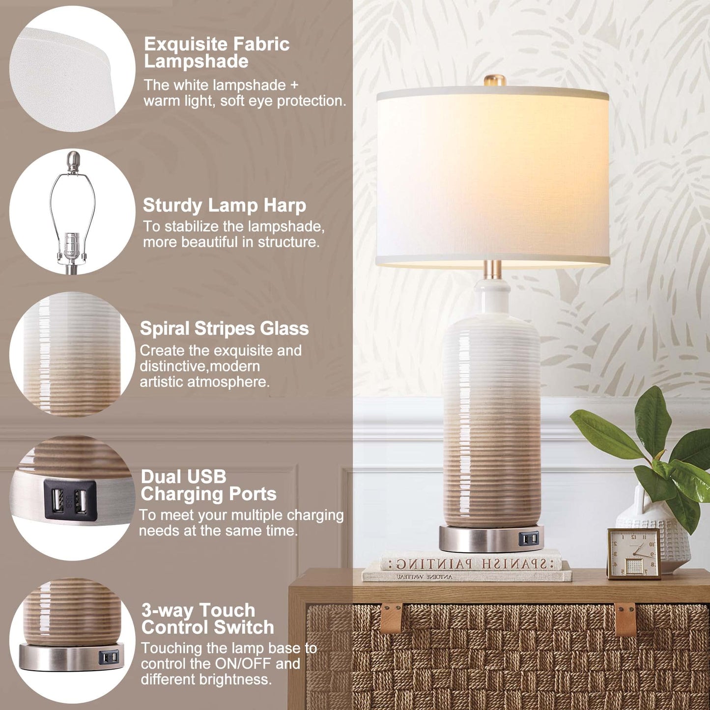 CeramicTable Lamps Set of 2 Lamps for Bedroom Living Room Office 26" Rotary Coastal Bedside Lamp for Nightstand with 2 USB Ports 3-Colors