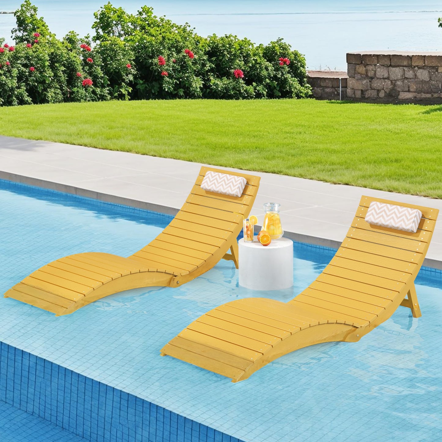 Folding Pool Lounge Chairs Set of 2, HDPS Anti-Floating Lounge Chairs for in-Pool Use, Chairs with Headrest for Hotel, Resort, Poolside, Beach & Sun Decks, Yellow