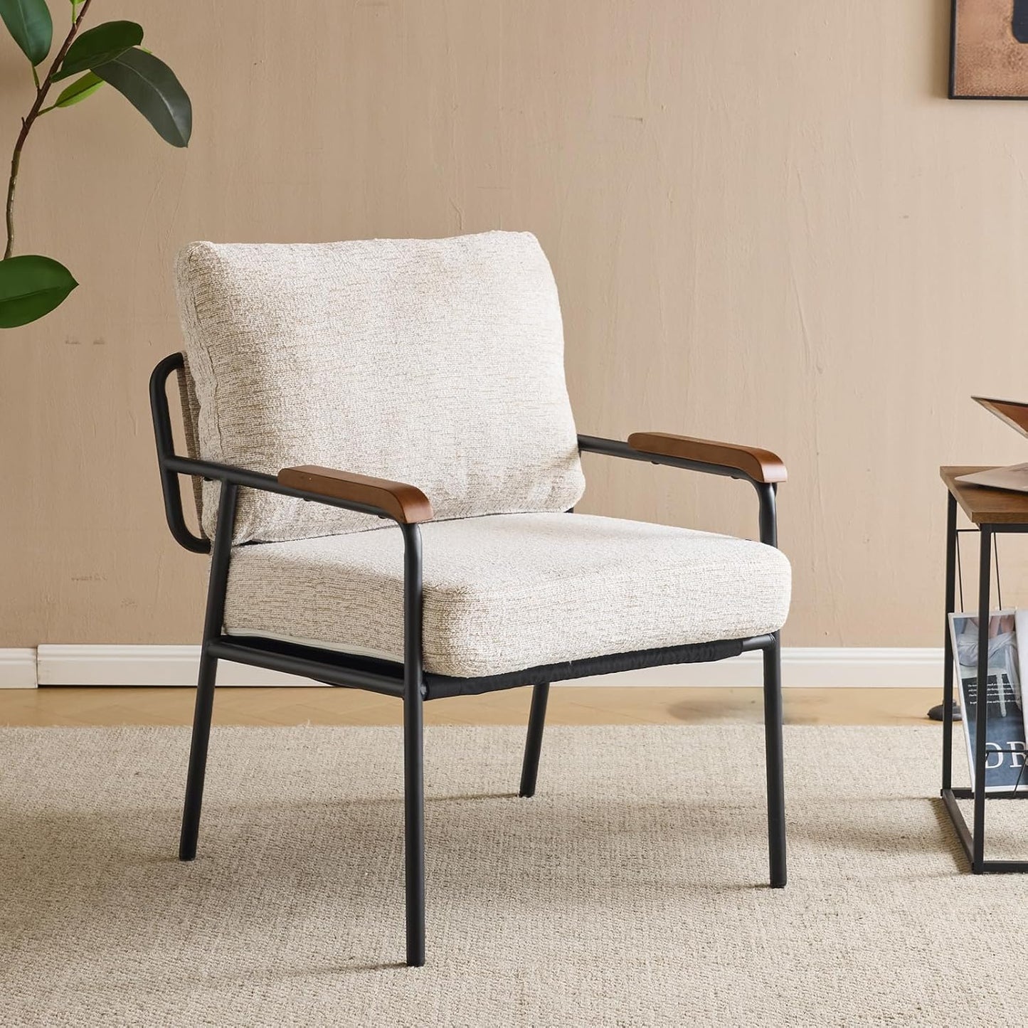 VINGLI Mid-Century Modern Accent Armchiar for Small Space, Small Comfy Upholstered Leisure Reading Chair with Wood Armrest for Bedroom, Living Room, Waiting Room, Linen Teal
