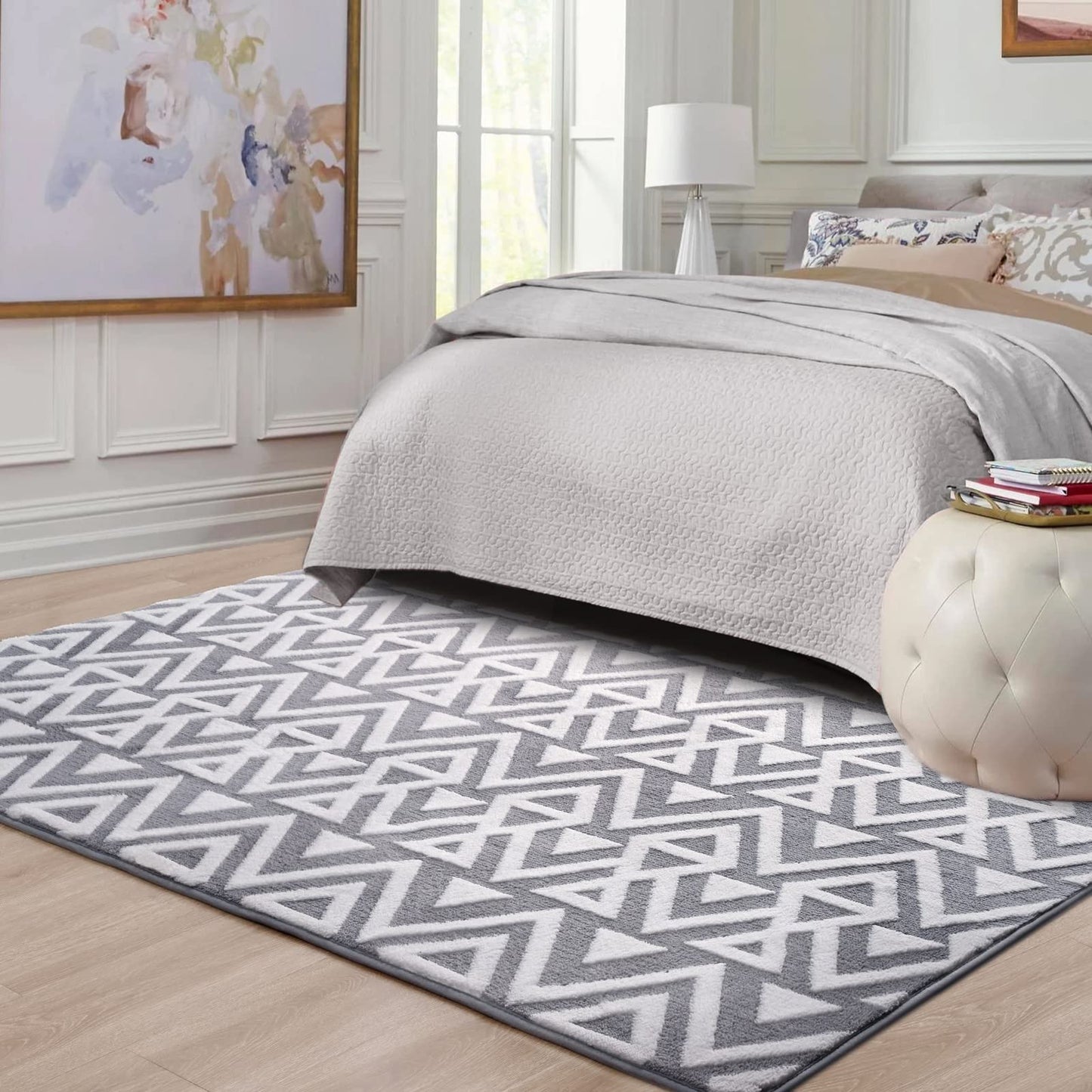 Ompaa Ultra Soft Geometric Bedroom Rugs Memory Foam Carpet, Black 7 x 10 Feet Large, Cozy Area Rugs for Living Room Couch Dorm Bedside Kids Girls Teens Room Nursery Decor Floor Mat