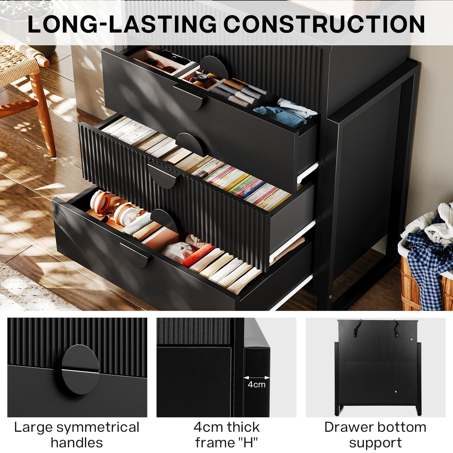 LGHM Fluted Gray Dresser for Bedroom, 50" Wide Chest of Drawers, Modern 6 Deep Drawers Dresser with Raised H Legs -Curved Profile Design, Easy Round Handles for Bedroom,Livingroom, Hallway, Gray