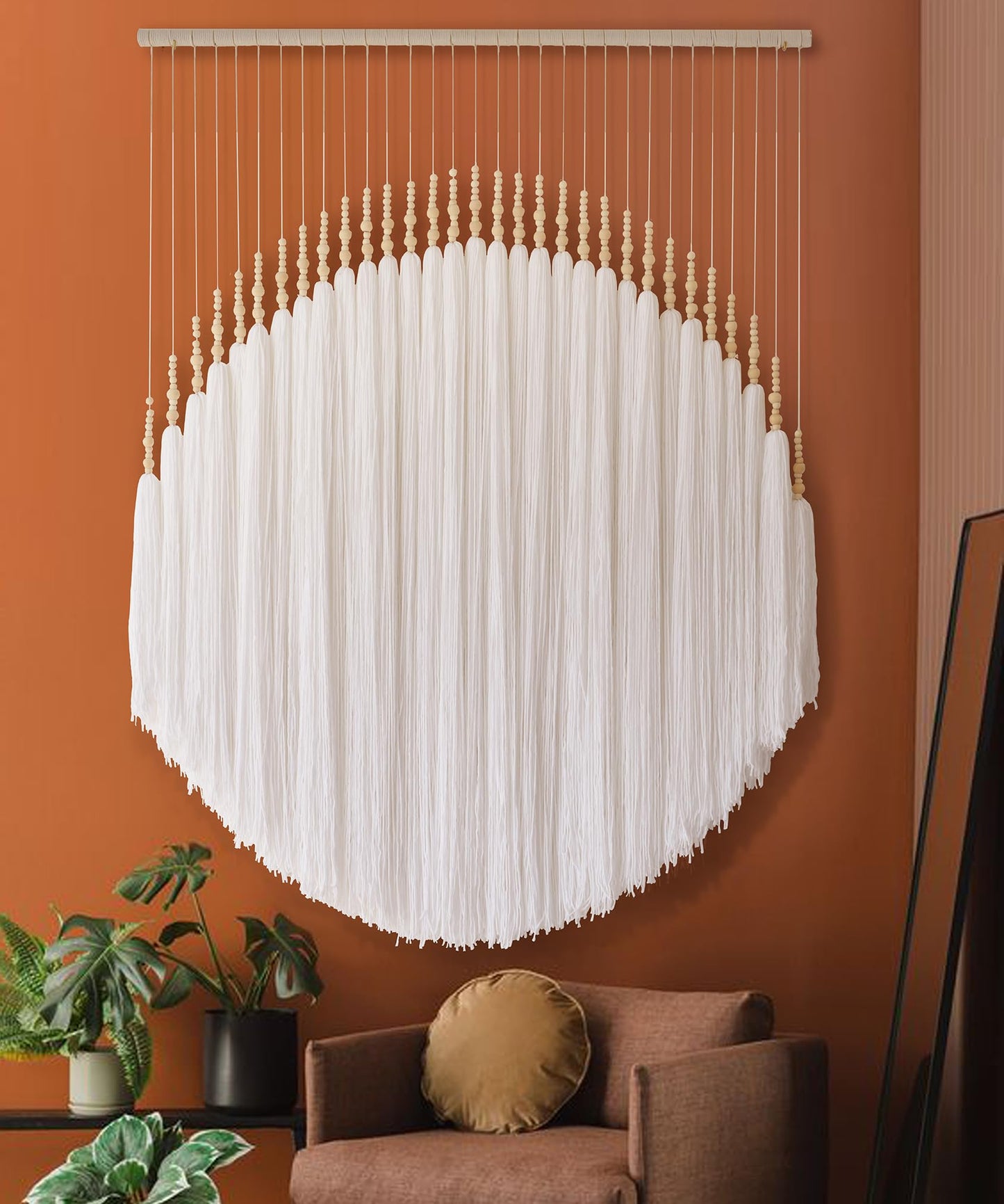 IOWER Macrame Wall Hanging Brown Yarn Beaded Backdrop Boho Wall Decor Round Tassel Home Wall Aesthetic Living Rooms Bedrooms Offices Geometric Art Chic Home Decor 39" W x 55" L